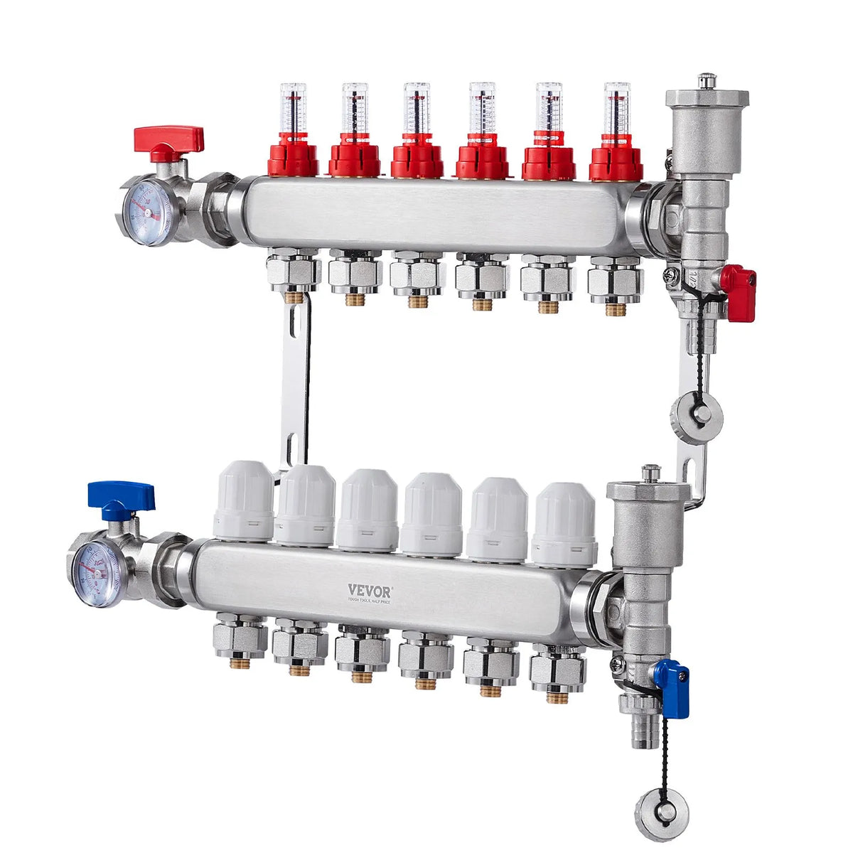 VEVOR Warm Floor Manifold 6 Branches, 1/2 Inch PEX, Stainless Steel, with Adapters