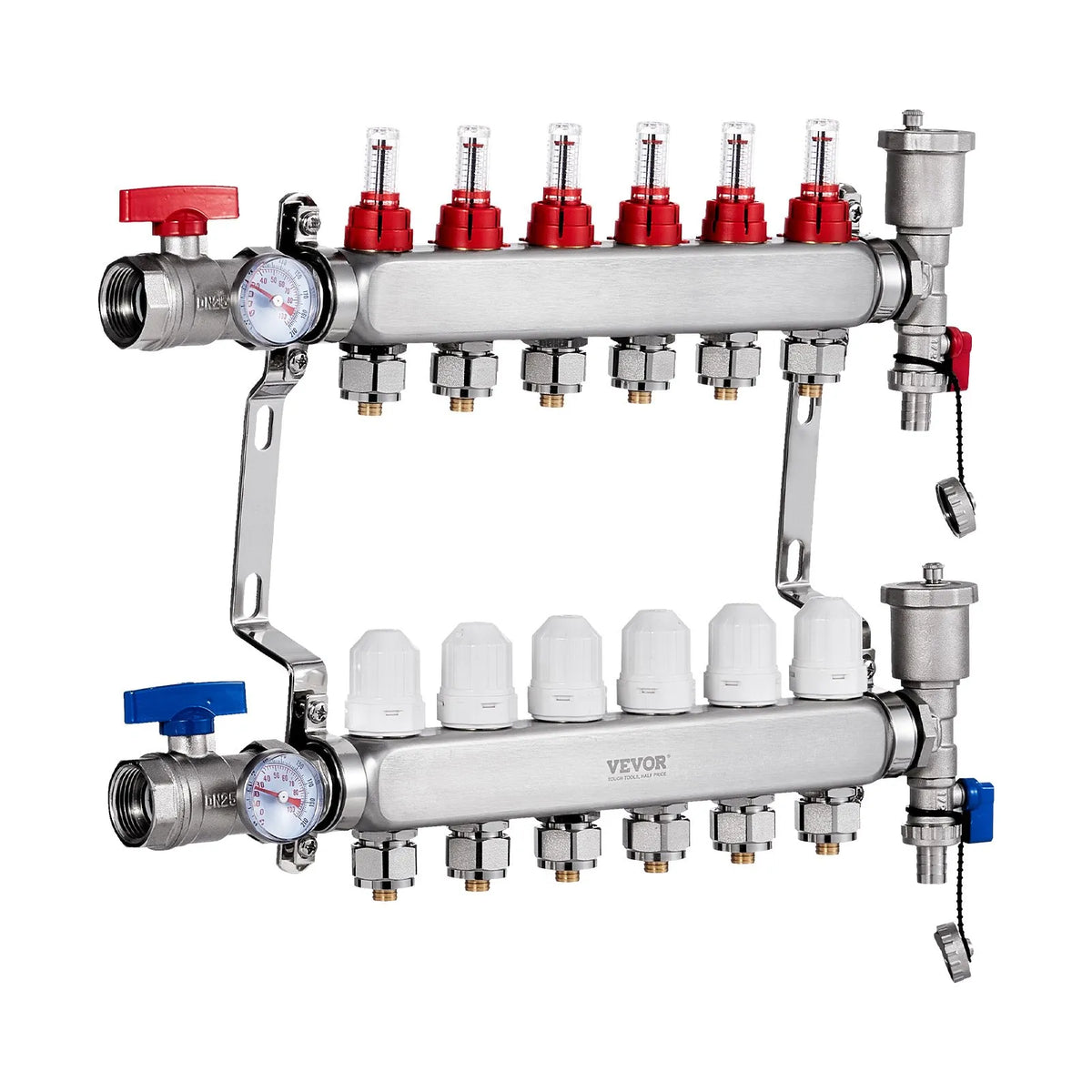 VEVOR Warm Floor Manifold 6 Branches, 1/2 Inch PEX, Stainless Steel, with Adapters