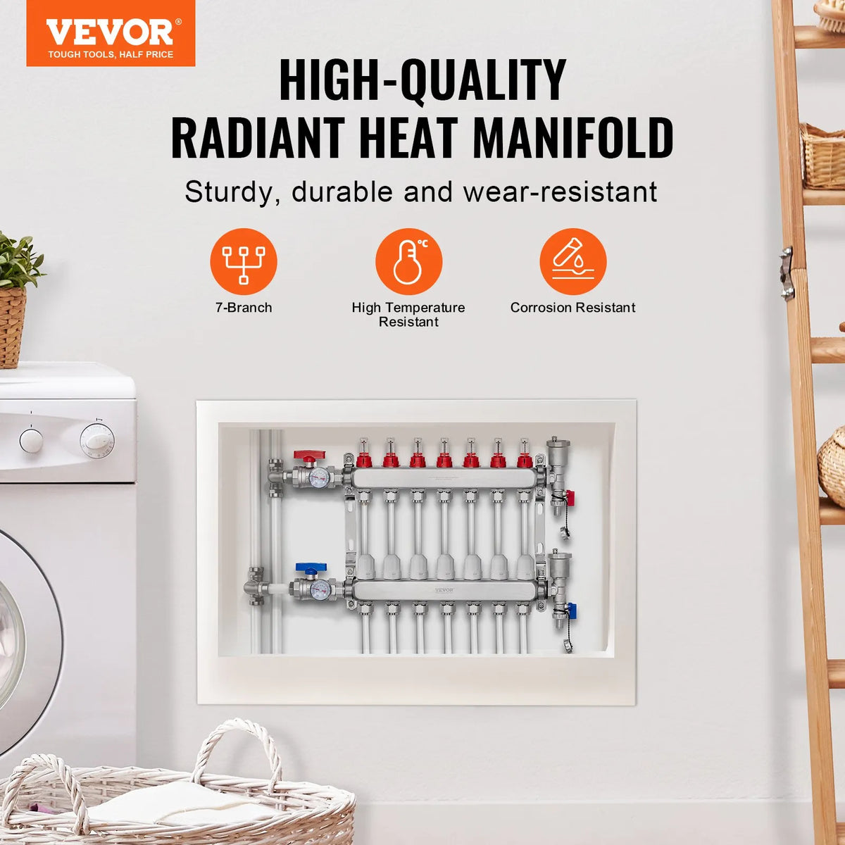 VEVOR Warm Floor Manifold 7 Branches, 1/2 inch PEX, Stainless Steel, with Adapters