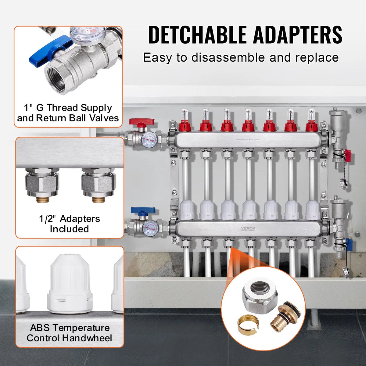 VEVOR Warm Floor Manifold 7 Branches, 1/2 inch PEX, Stainless Steel, with Adapters