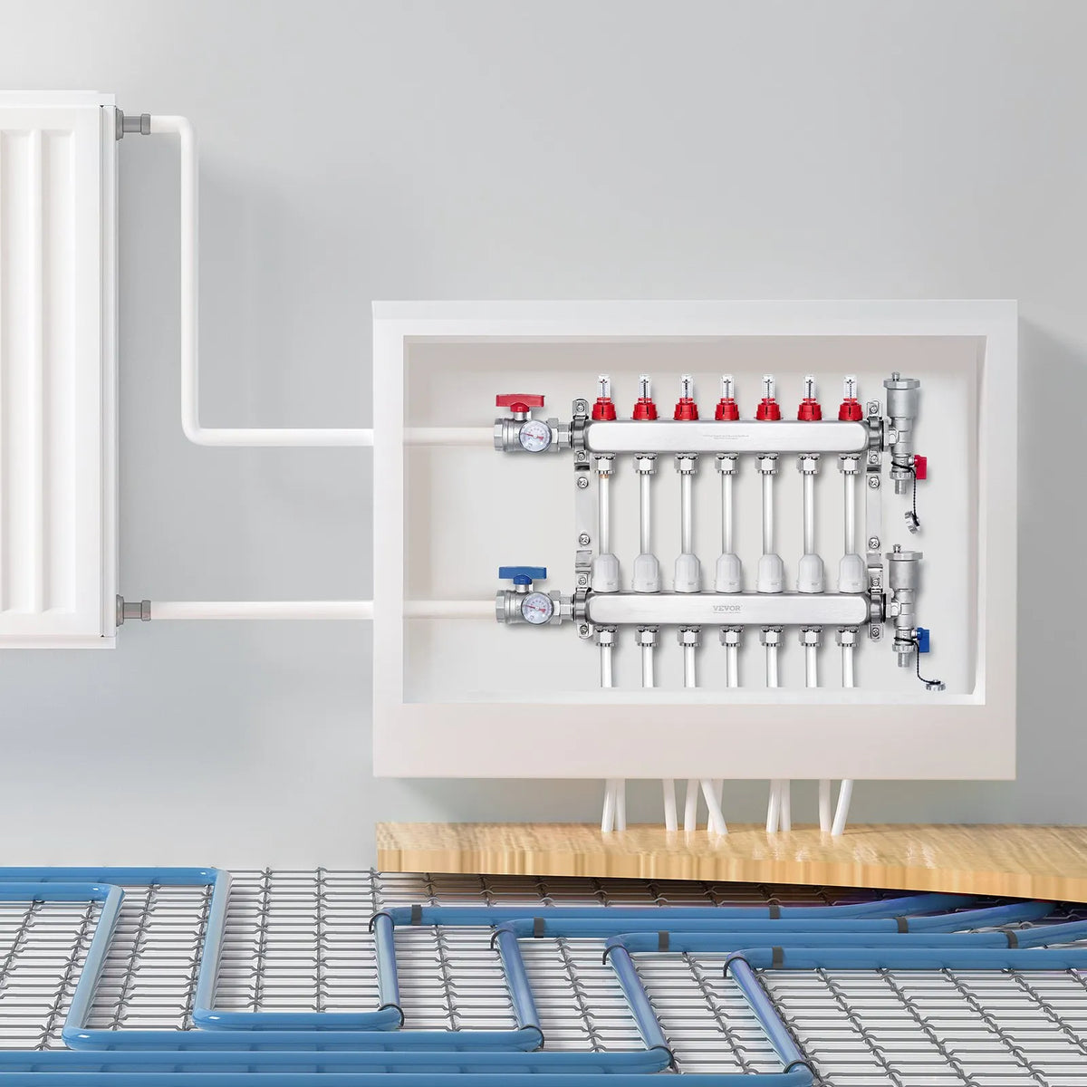 VEVOR Warm Floor Manifold 7 Branches, 1/2 inch PEX, Stainless Steel, with Adapters