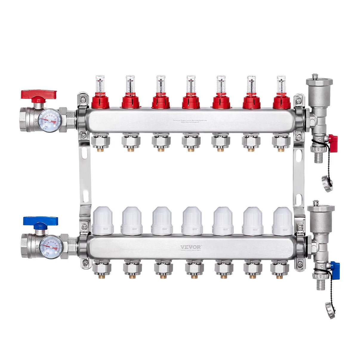 VEVOR Warm Floor Manifold 7 Branches, 1/2 inch PEX, Stainless Steel, with Adapters