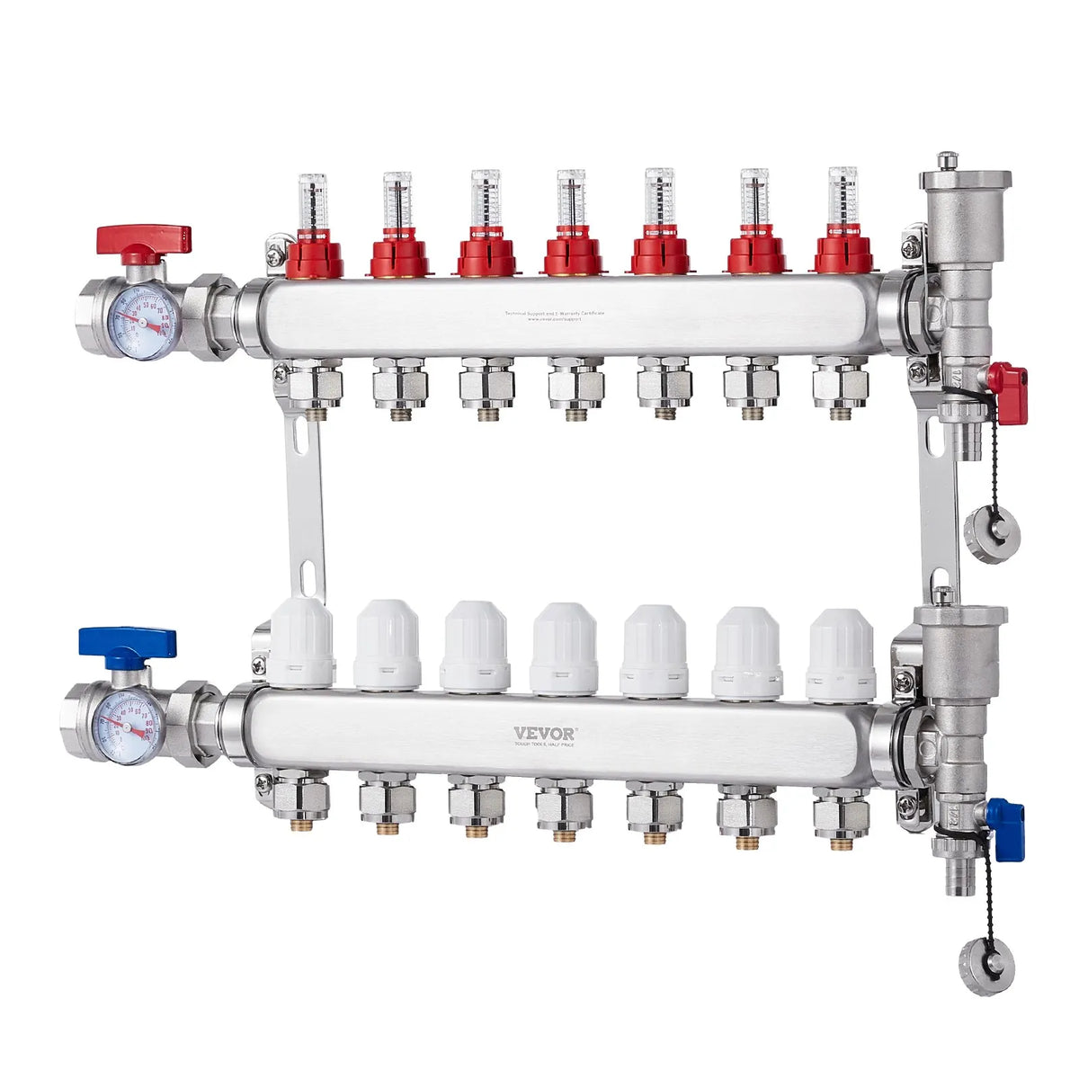 VEVOR Warm Floor Manifold 7 Branches, 1/2 inch PEX, Stainless Steel, with Adapters