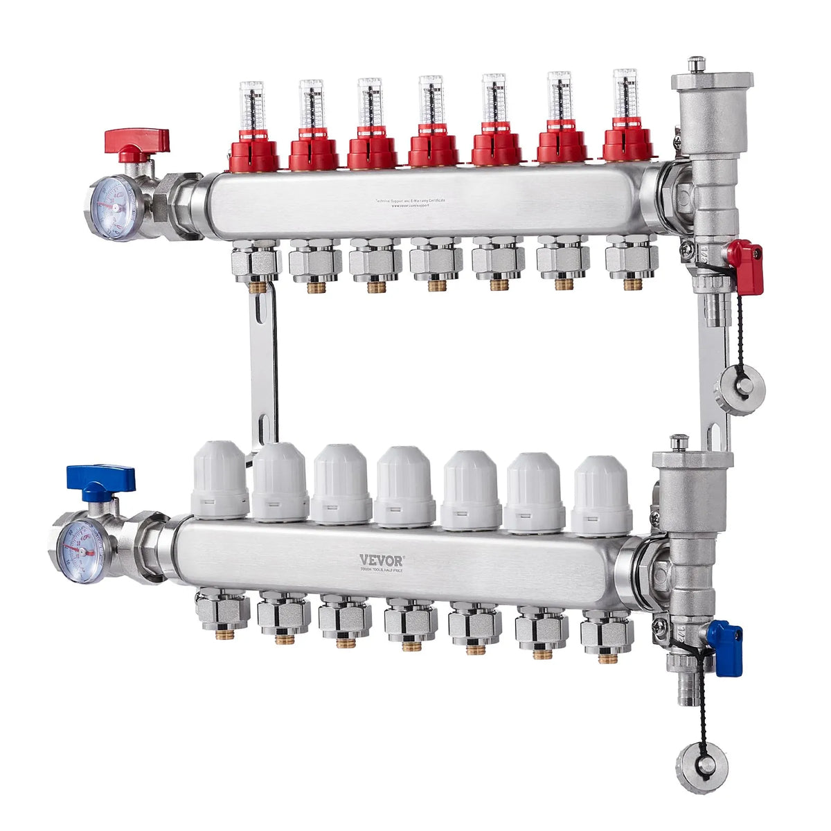 VEVOR Warm Floor Manifold 7 Branches, 1/2 inch PEX, Stainless Steel, with Adapters