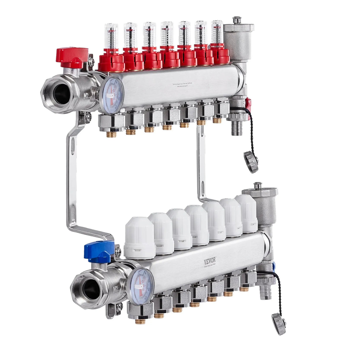 VEVOR Warm Floor Manifold 7 Branches, 1/2 inch PEX, Stainless Steel, with Adapters