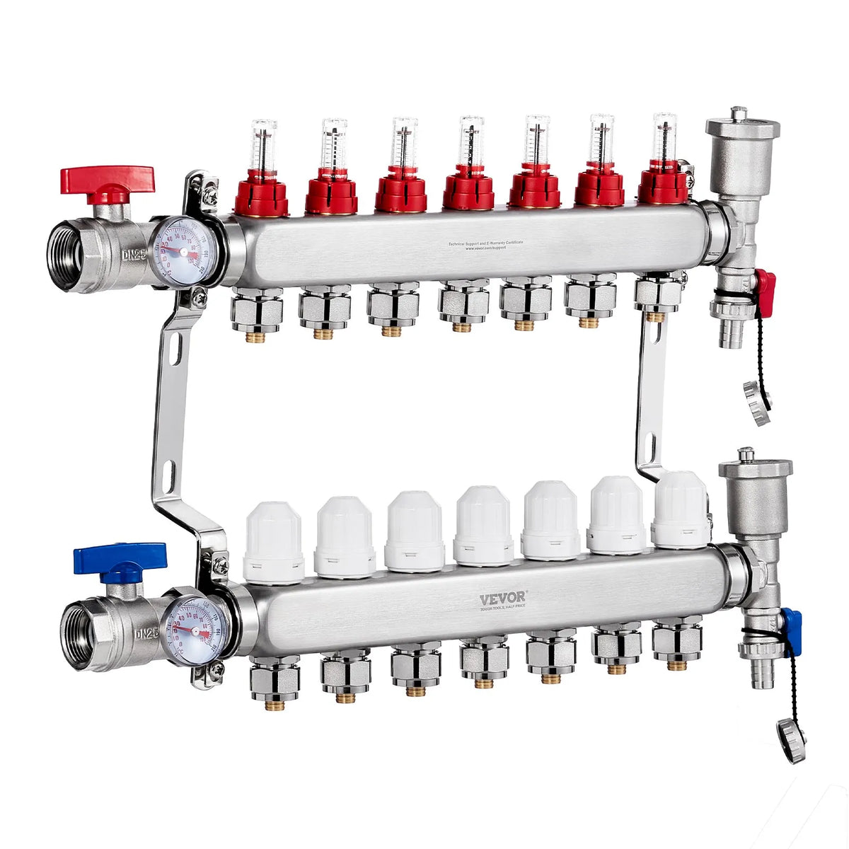 VEVOR Warm Floor Manifold 7 Branches, 1/2 inch PEX, Stainless Steel, with Adapters