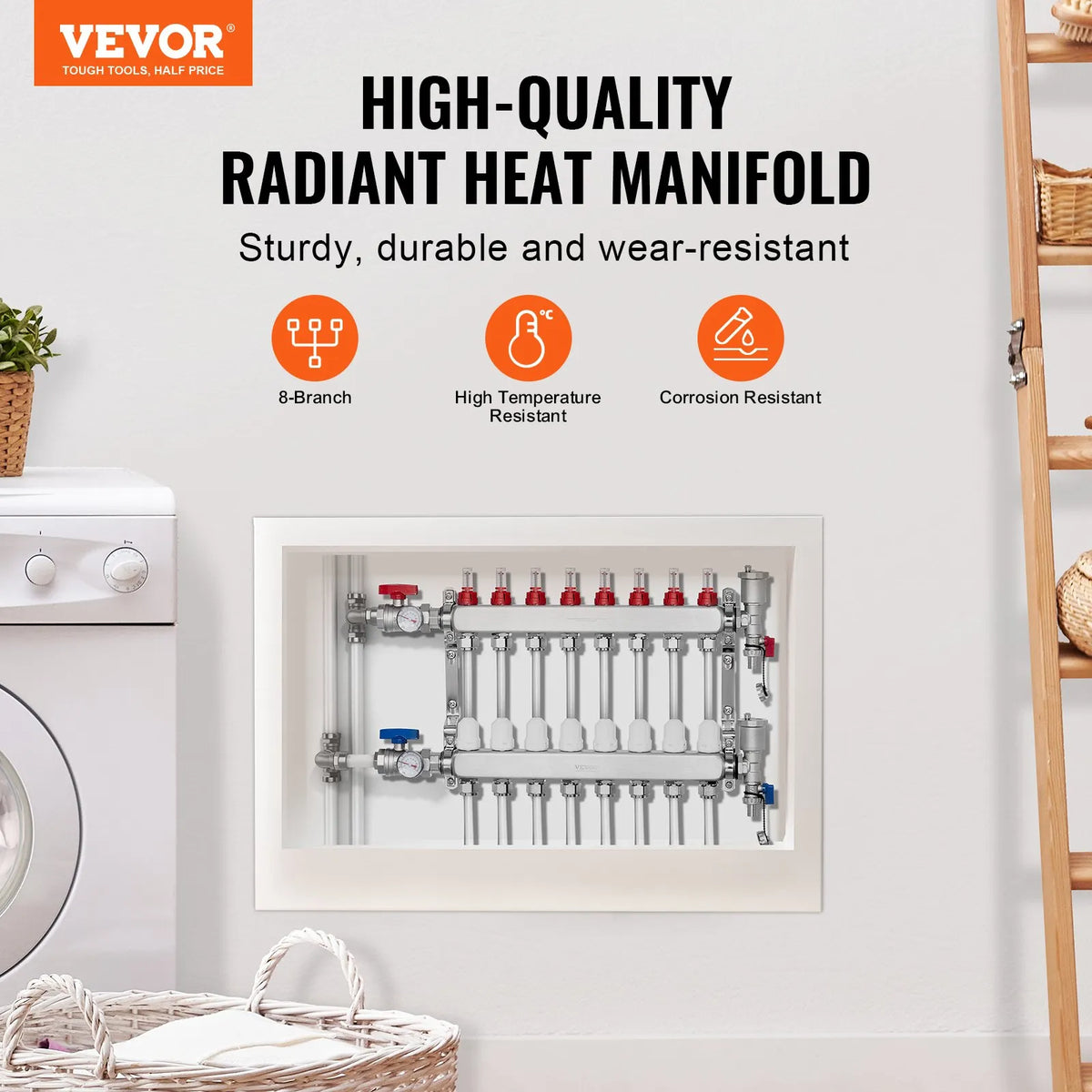 VEVOR Underfloor Heating Manifold 8 Branches, 1/2 inch PEX, Stainless Steel, with Adapters