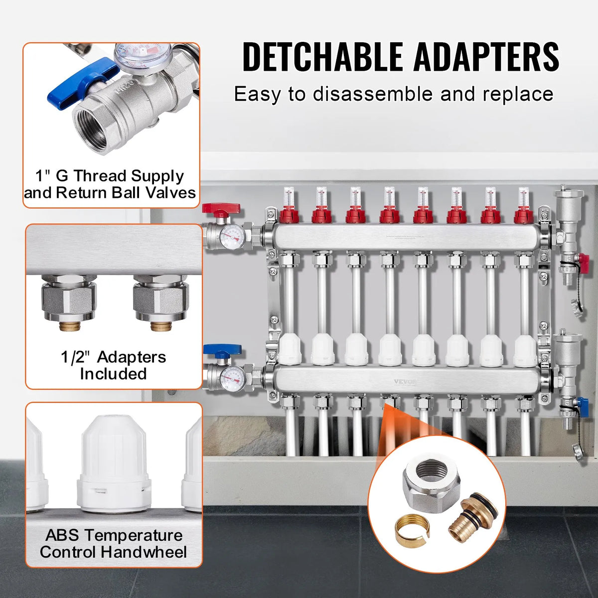 VEVOR Underfloor Heating Manifold 8 Branches, 1/2 inch PEX, Stainless Steel, with Adapters