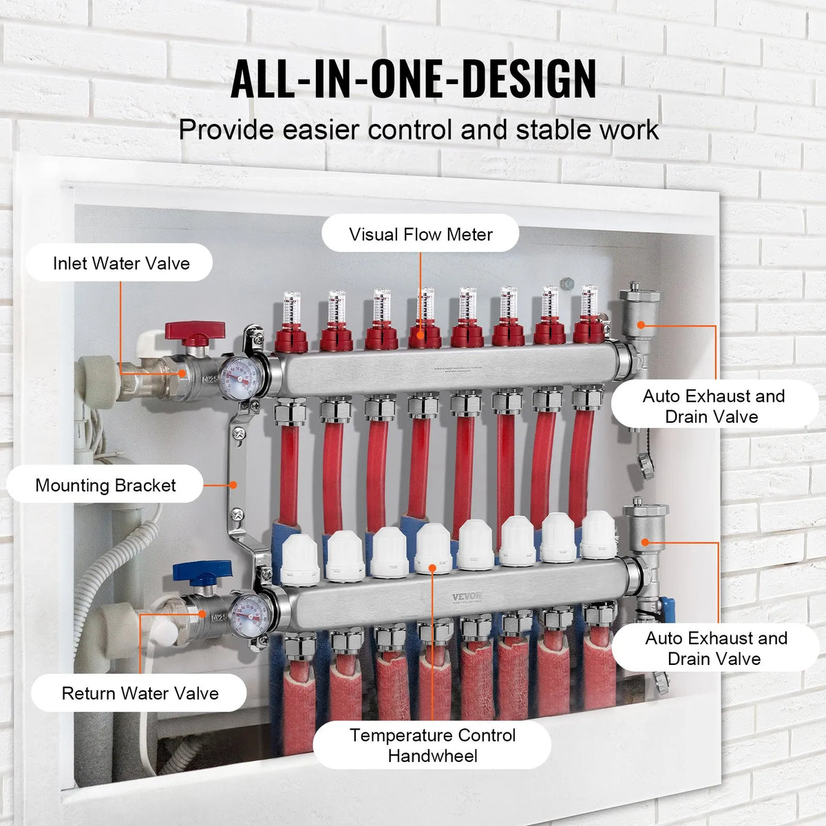VEVOR Underfloor Heating Manifold 8 Branches, 1/2 inch PEX, Stainless Steel, with Adapters
