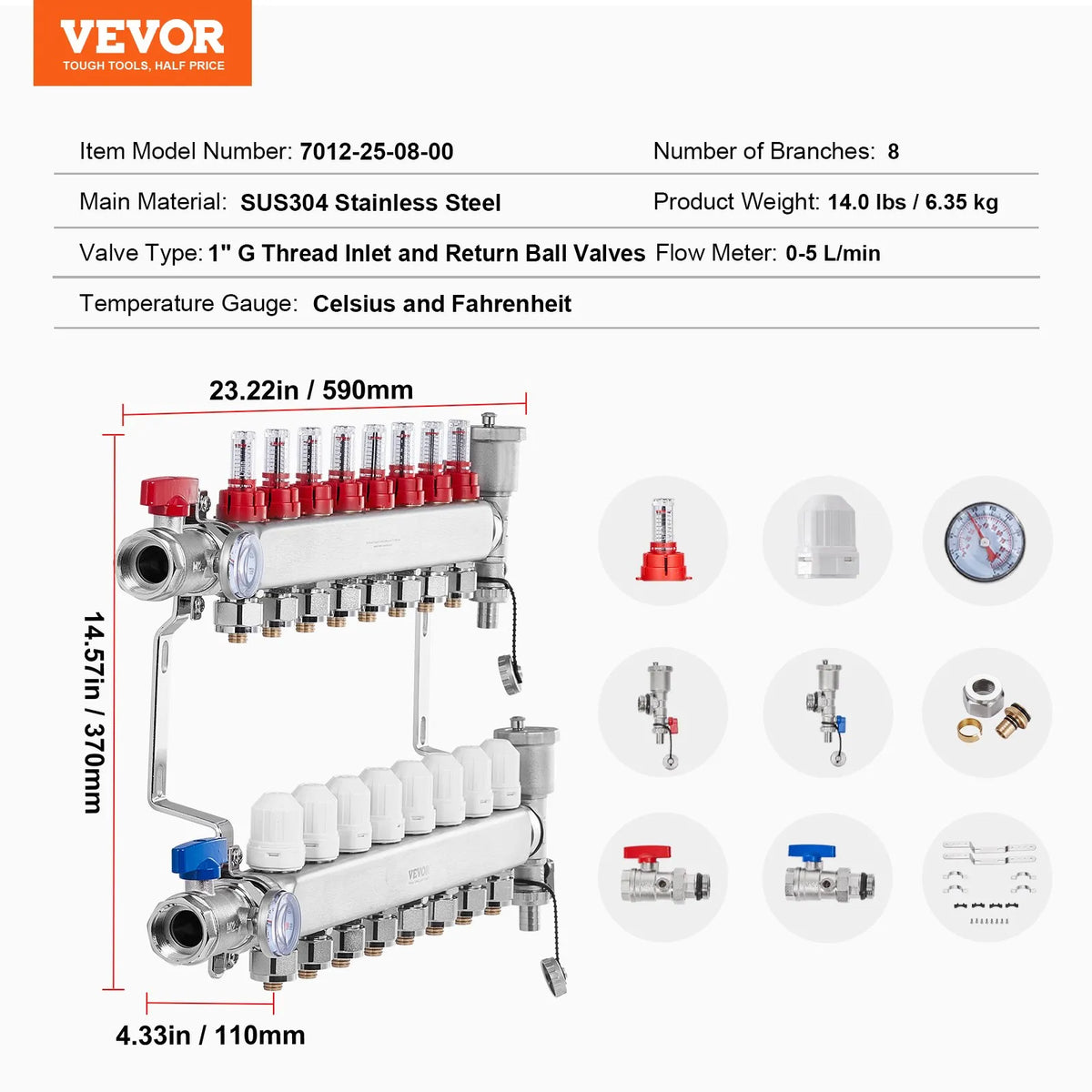 VEVOR Underfloor Heating Manifold 8 Branches, 1/2 inch PEX, Stainless Steel, with Adapters