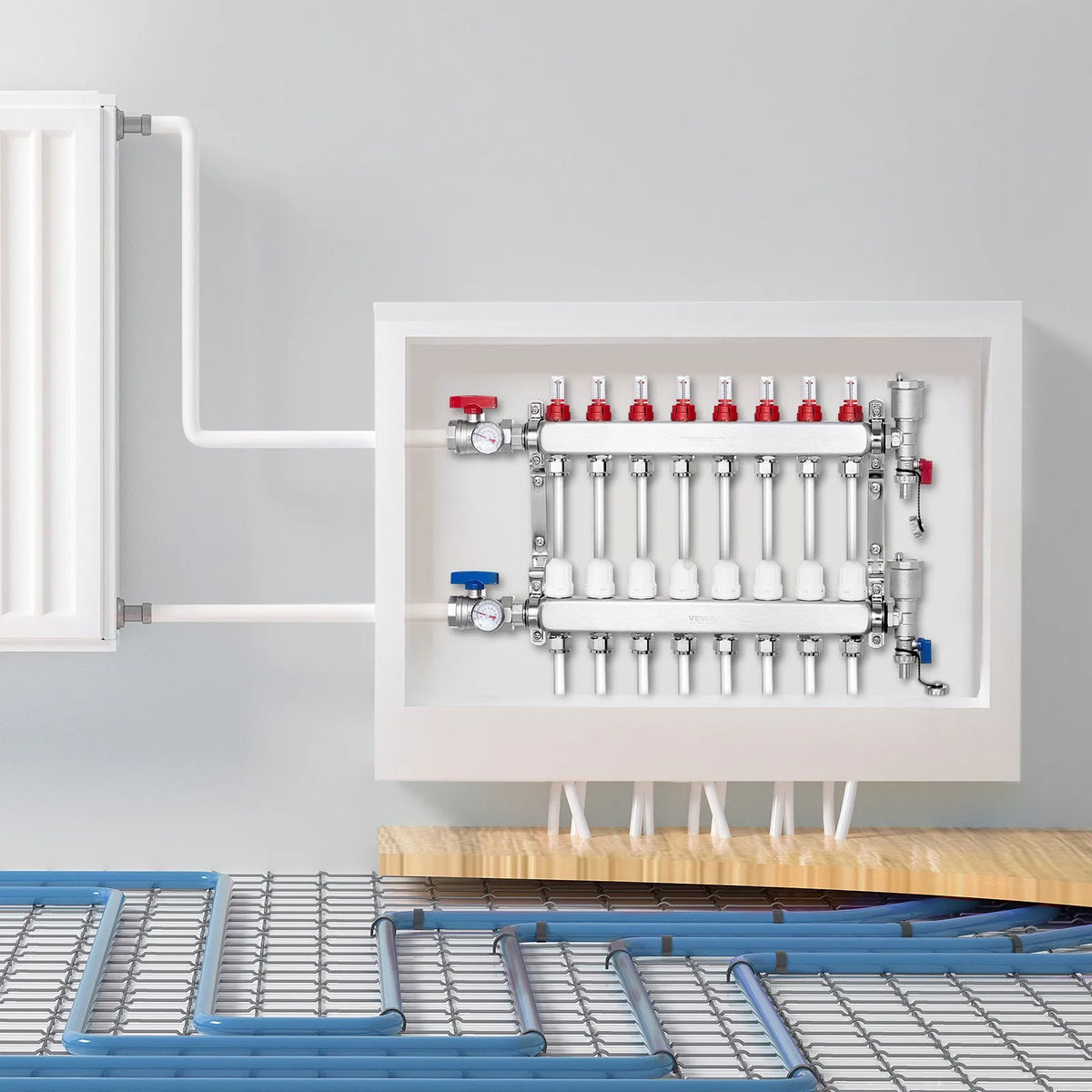 VEVOR Underfloor Heating Manifold 8 Branches, 1/2 inch PEX, Stainless Steel, with Adapters