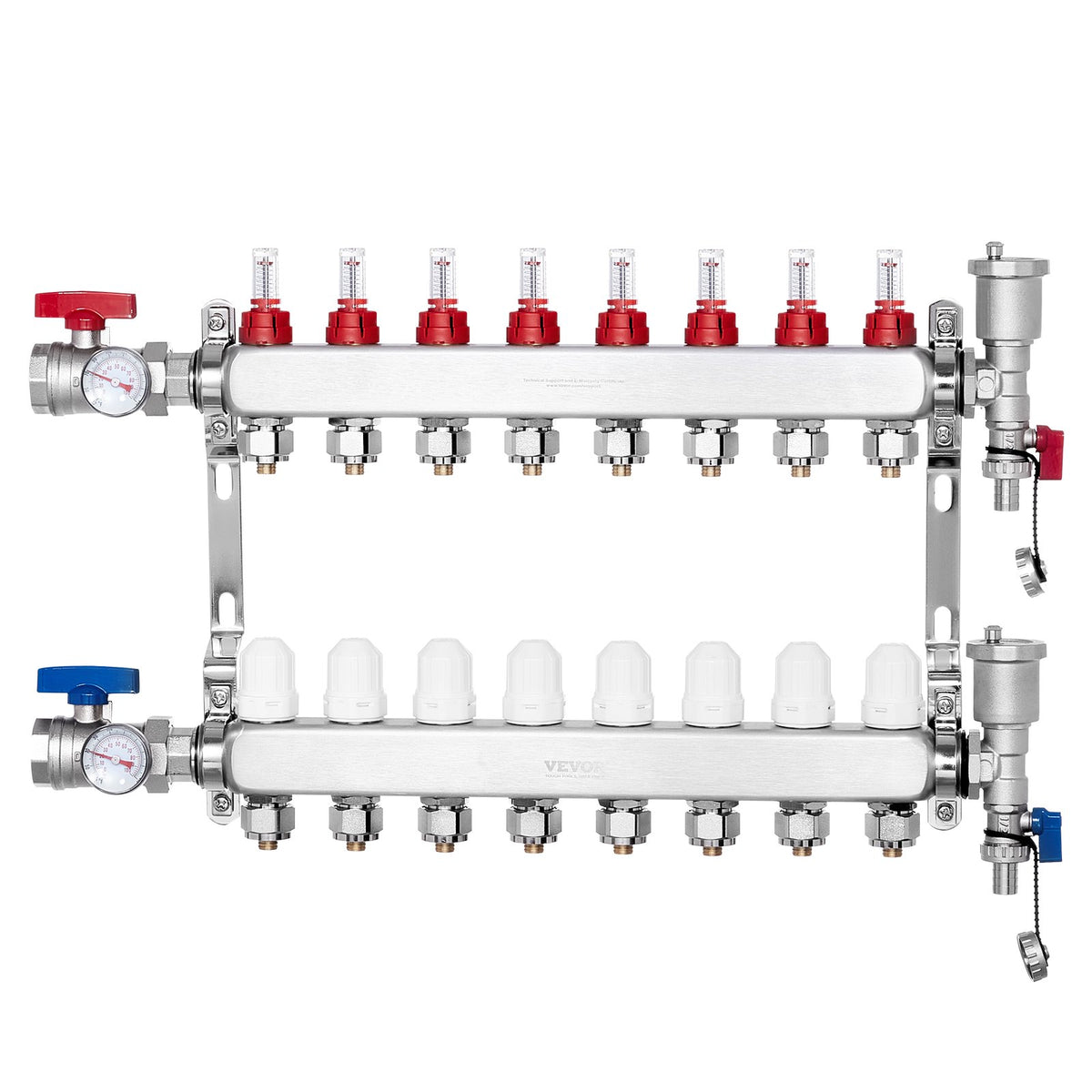 VEVOR Underfloor Heating Manifold 8 Branches, 1/2 inch PEX, Stainless Steel, with Adapters