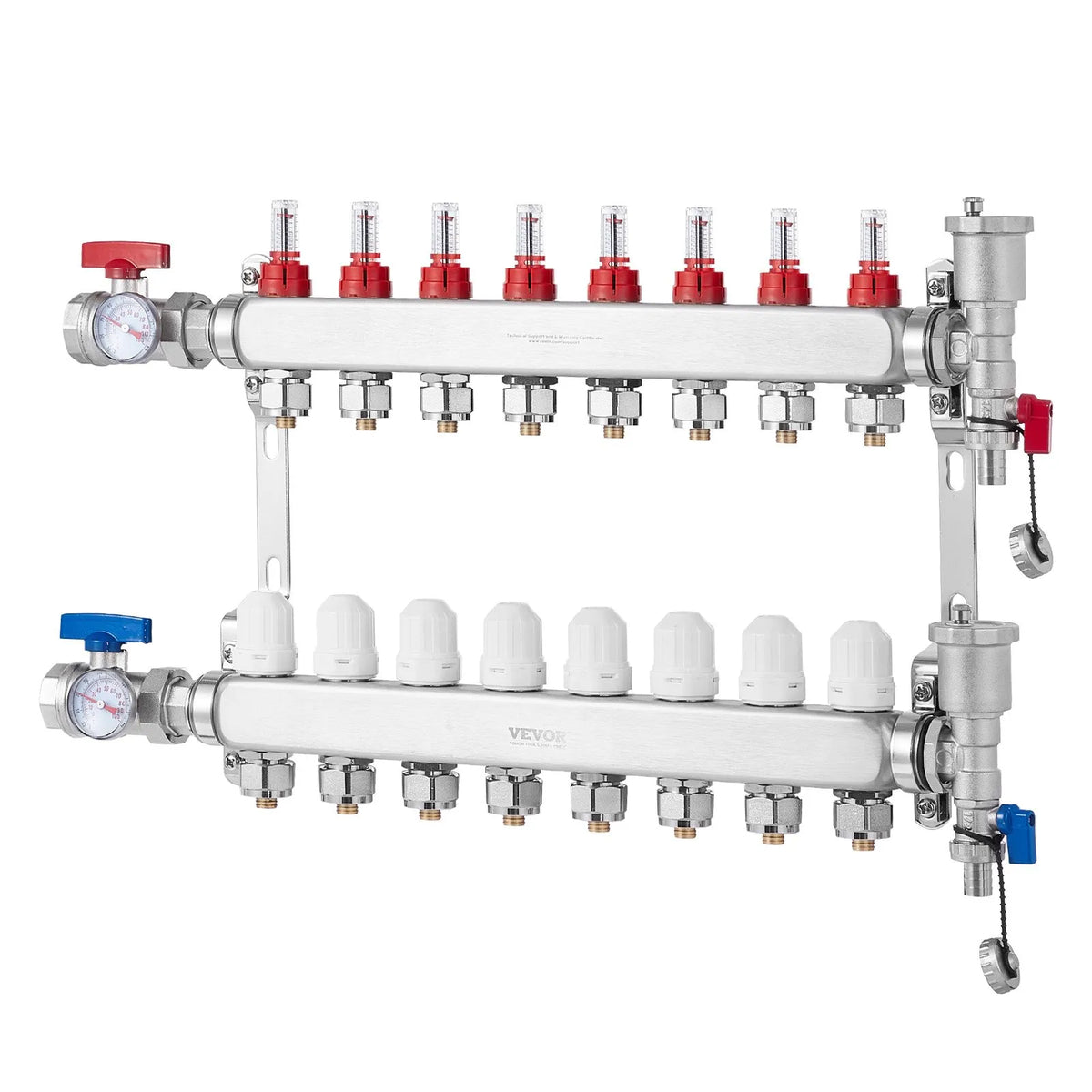 VEVOR Underfloor Heating Manifold 8 Branches, 1/2 inch PEX, Stainless Steel, with Adapters