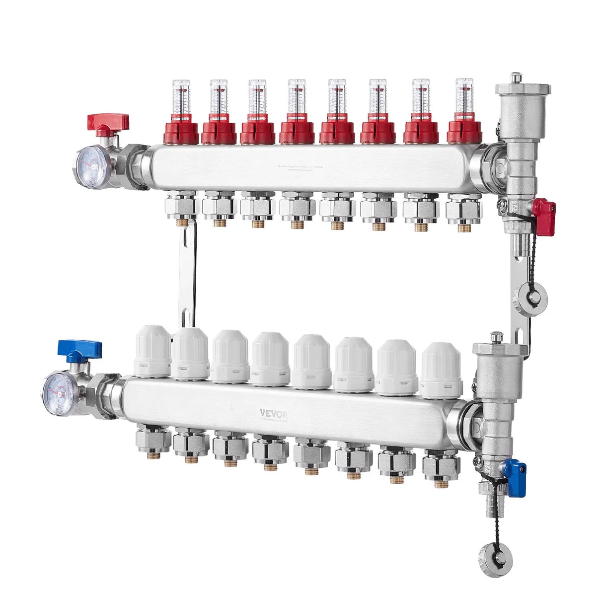 VEVOR Underfloor Heating Manifold 8 Branches, 1/2 inch PEX, Stainless Steel, with Adapters