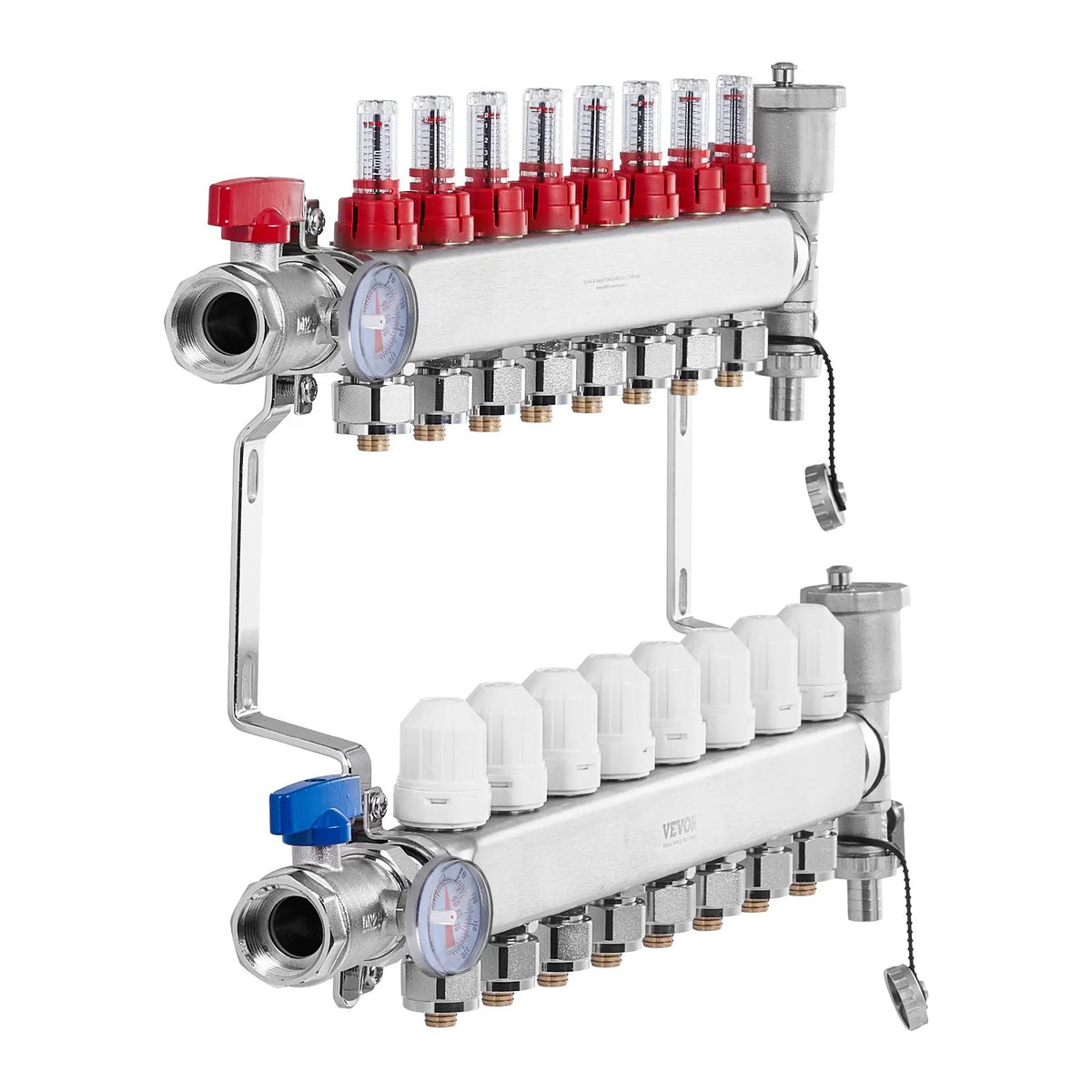VEVOR Underfloor Heating Manifold 8 Branches, 1/2 inch PEX, Stainless Steel, with Adapters