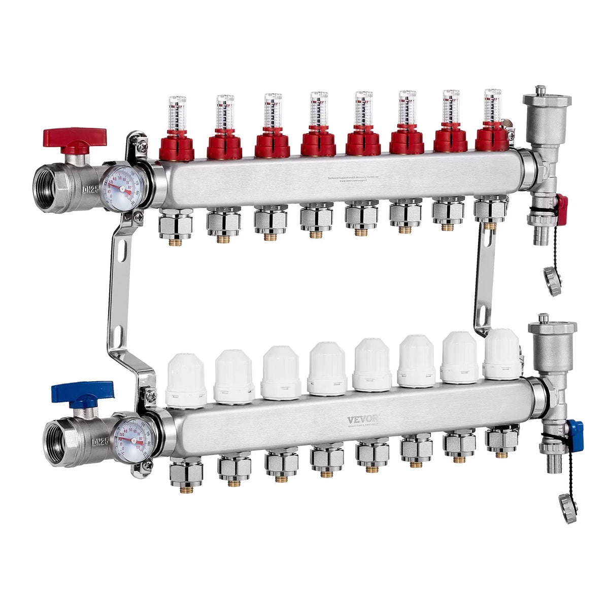 VEVOR Underfloor Heating Manifold 8 Branches, 1/2 inch PEX, Stainless Steel, with Adapters