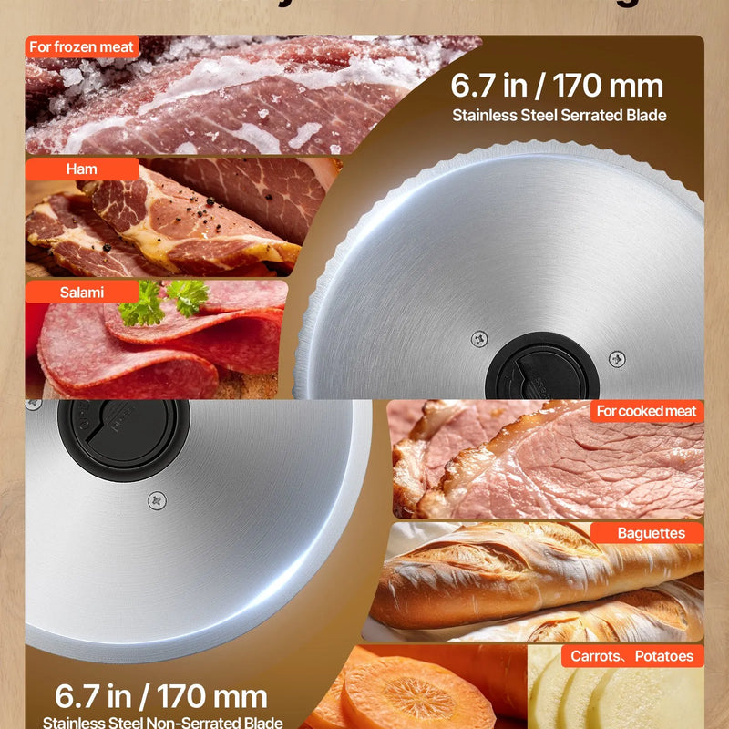 VEVOR gaļas griezējs, 150 W elektriskā šķēlētājmašīna ar 170 mm asmeni, 65–90 apgr./min griešanas ātrums, 0–15 mm regulējams biezums, saldētai gaļai, šķiņķim, bagetei un steikam
