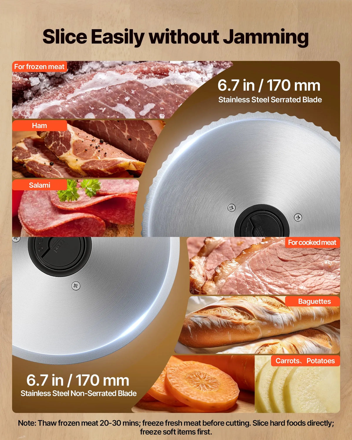 VEVOR gaļas griezējs, 150 W elektriskā šķēlētājmašīna ar 170 mm asmeni, 65–90 apgr./min griešanas ātrums, 0–15 mm regulējams biezums, saldētai gaļai, šķiņķim, bagetei un steikam - ZEMLETES.LV