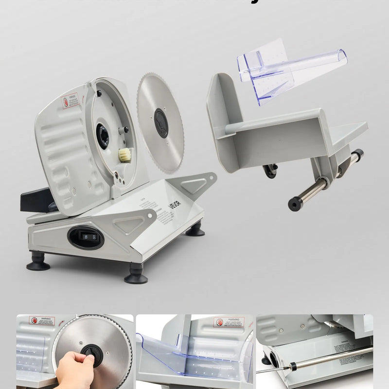 VEVOR gaļas griezējs, 150 W elektriskā šķēlētājmašīna ar 170 mm asmeni, 65–90 apgr./min griešanas ātrums, 0–15 mm regulējams biezums, saldētai gaļai, šķiņķim, bagetei un steikam