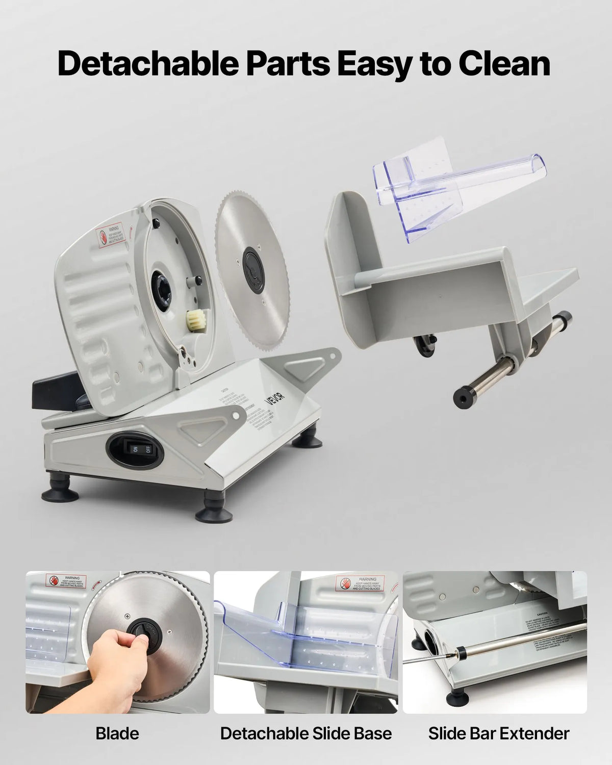 VEVOR gaļas griezējs, 150 W elektriskā šķēlētājmašīna ar 170 mm asmeni, 65–90 apgr./min griešanas ātrums, 0–15 mm regulējams biezums, saldētai gaļai, šķiņķim, bagetei un steikam - ZEMLETES.LV