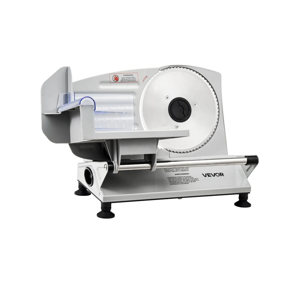 VEVOR gaļas griezējs, 150 W elektriskā šķēlētājmašīna ar 170 mm asmeni, 65–90 apgr./min griešanas ātrums, 0–15 mm regulējams biezums, saldētai gaļai, šķiņķim, bagetei un steikam - ZEMLETES.LV