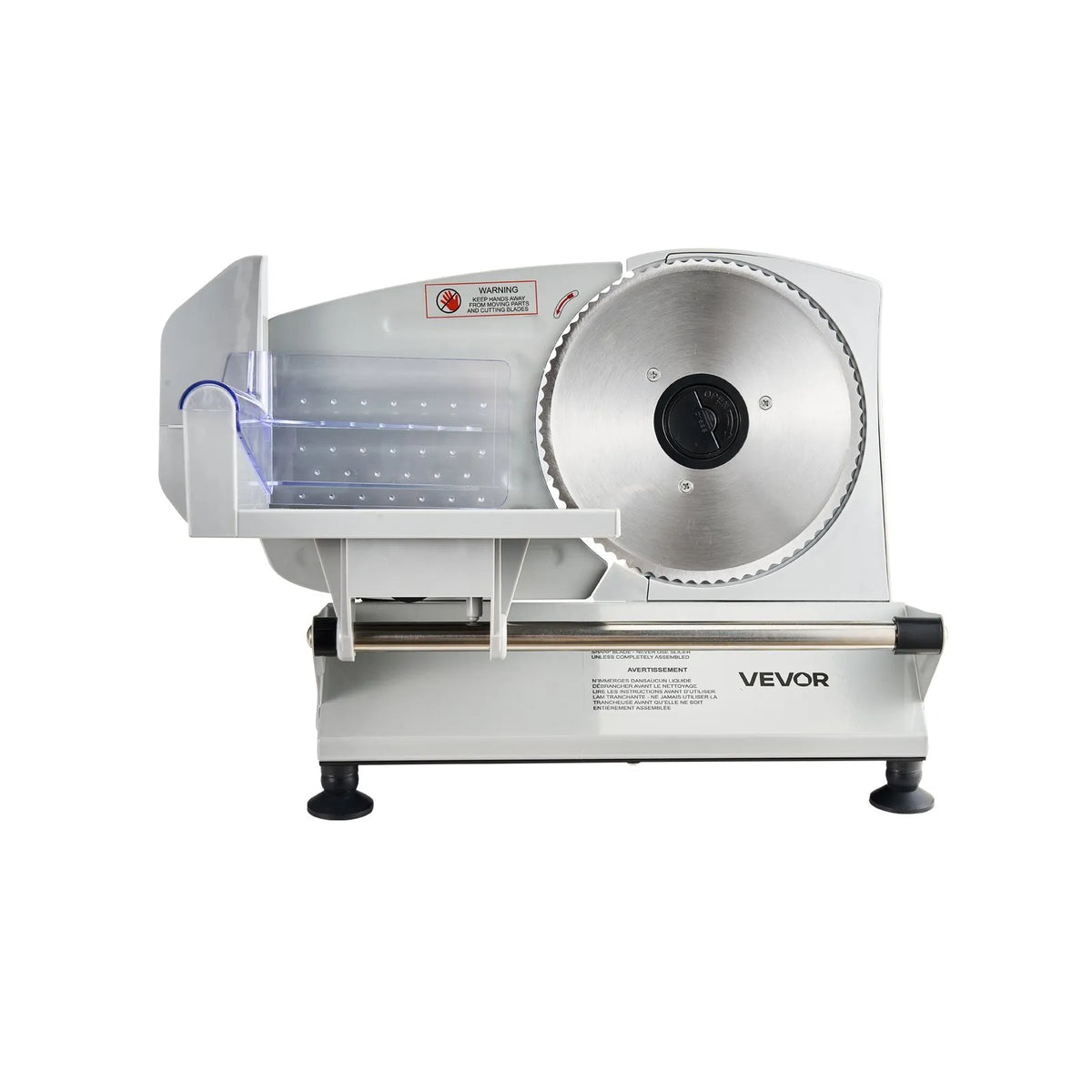VEVOR gaļas griezējs, 150 W elektriskā šķēlētājmašīna ar 170 mm asmeni, 65–90 apgr./min griešanas ātrums, 0–15 mm regulējams biezums, saldētai gaļai, šķiņķim, bagetei un steikam - ZEMLETES.LV