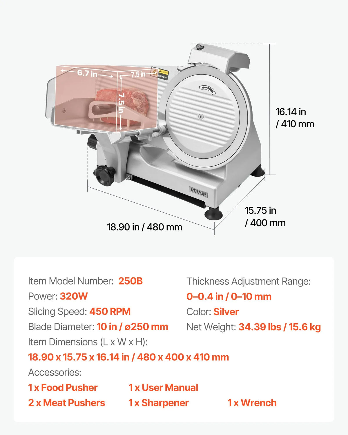 VEVOR komerciālais gaļas griezējs, 320 W elektriskā šķēlētājmašīna ar 250 mm asmeni, 450 apgr./min griešanas ātrums, 0–10 mm regulējams biezums, saldētai gaļai, šķiņķim, bagetei un steikam - ZEMLETES.LV