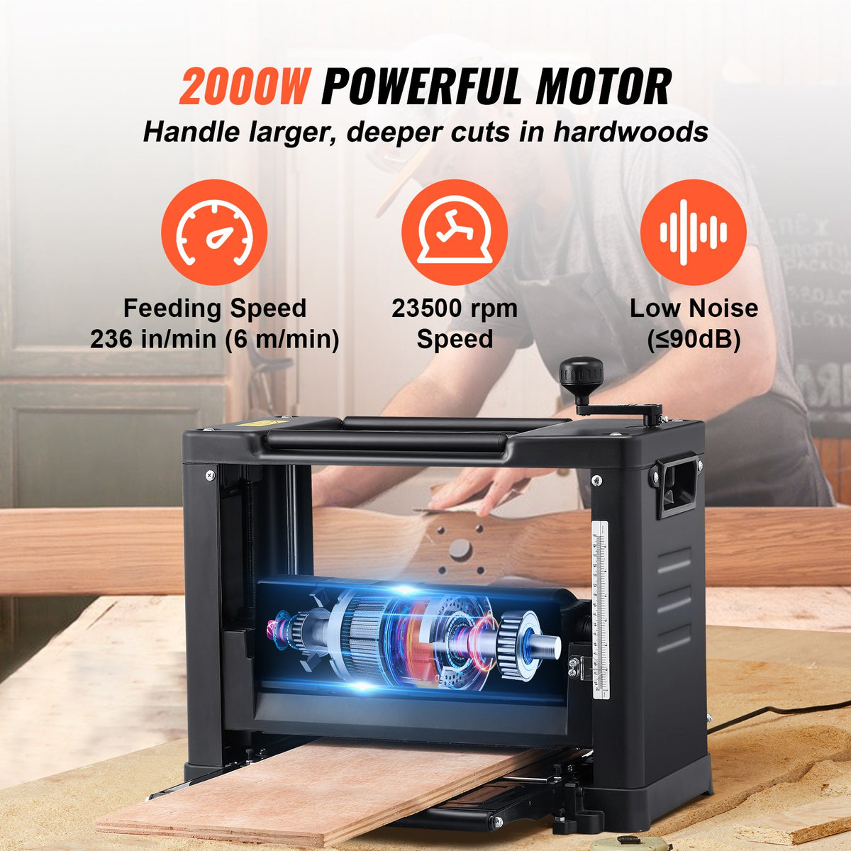 VEVOR paksushöövel 330 mm pikendatud etteandelauaga, 1800 W, 2 tera, madal müratase