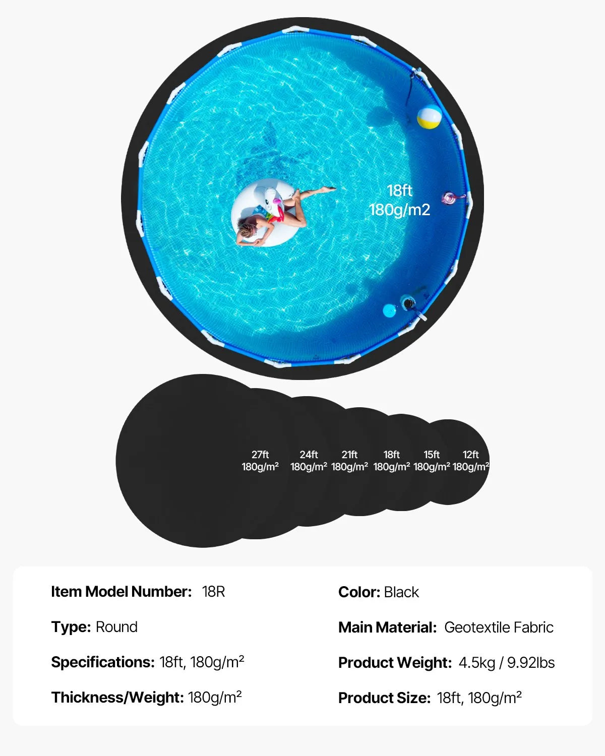 VEVOR Pool Liner Pad for Round Above Ground Pool Ø 5.49 m, Pool Floor Protector with Puncture Protection, Recycled Geotextile Material Base, Extends Liner Lifespan
