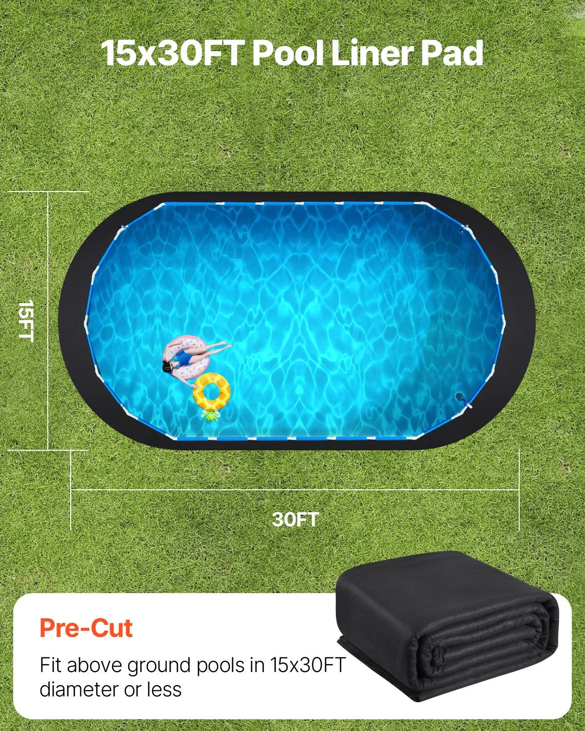 VEVOR Pool Liner Pad for Oval Above Ground Pool 4.57 × 9.14 m, Extra Thick Pool Underlayment, Puncture Protection, Recycled Geotextile Material Base, Extends Liner Lifespan