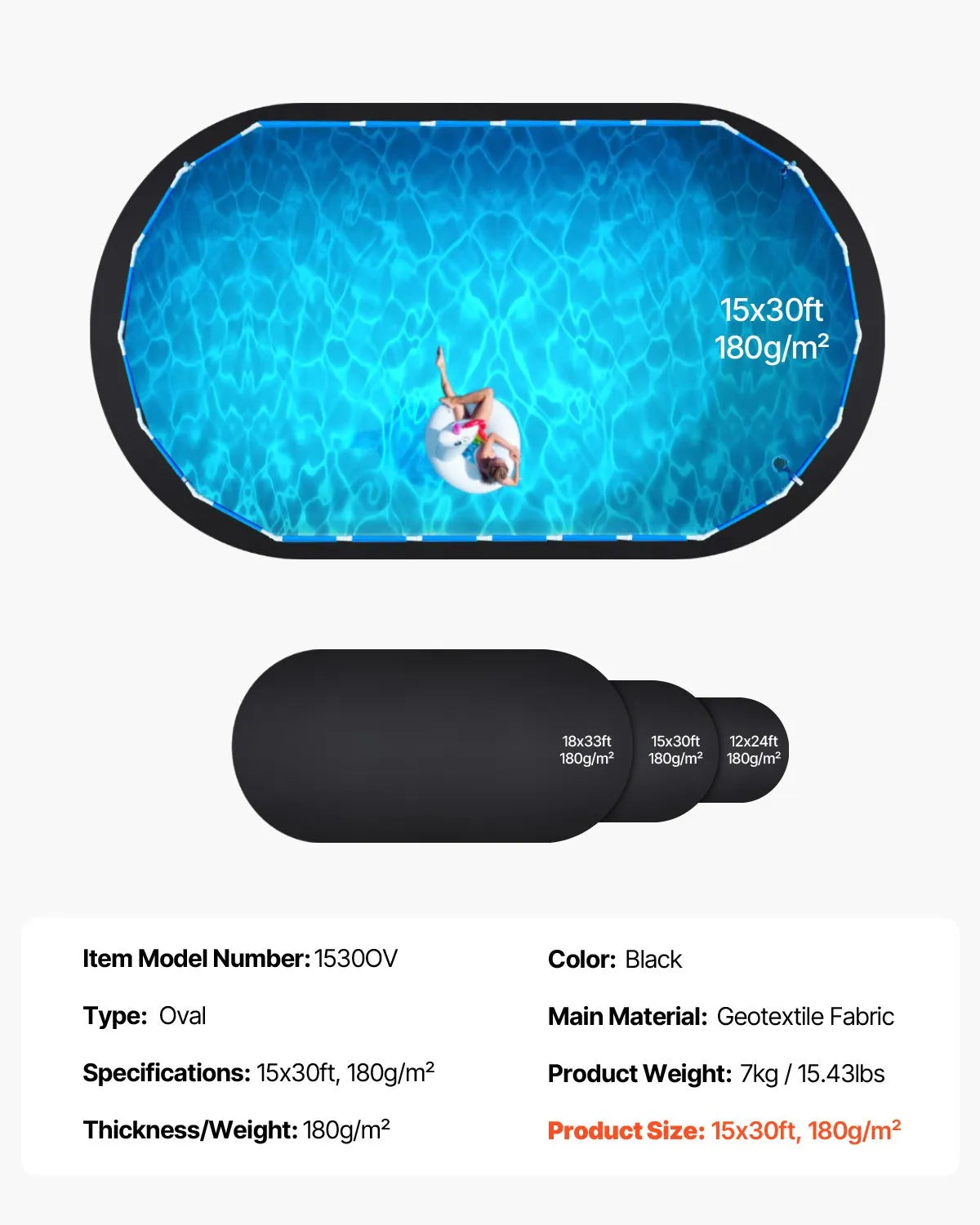 VEVOR Pool Liner Pad for Oval Above Ground Pool 4.57 × 9.14 m, Extra Thick Pool Underlayment, Puncture Protection, Recycled Geotextile Material Base, Extends Liner Lifespan