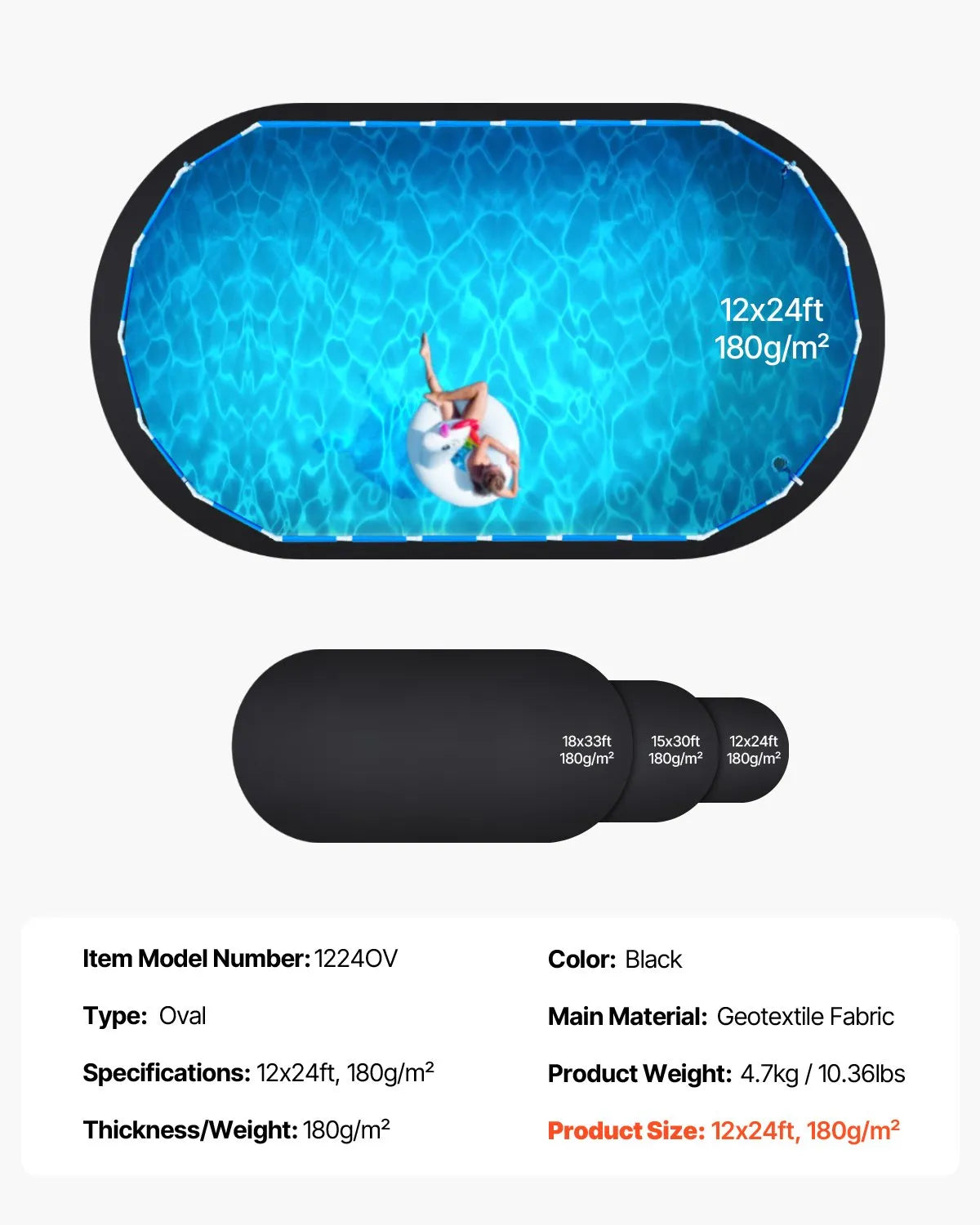 VEVOR Pool Liner Pad for Oval Above Ground Pool 3.66 × 7.32 m, Extra Thick Pool Pad, Puncture Protection, Recycled Geotextile Material Base, Extends Liner Lifespan