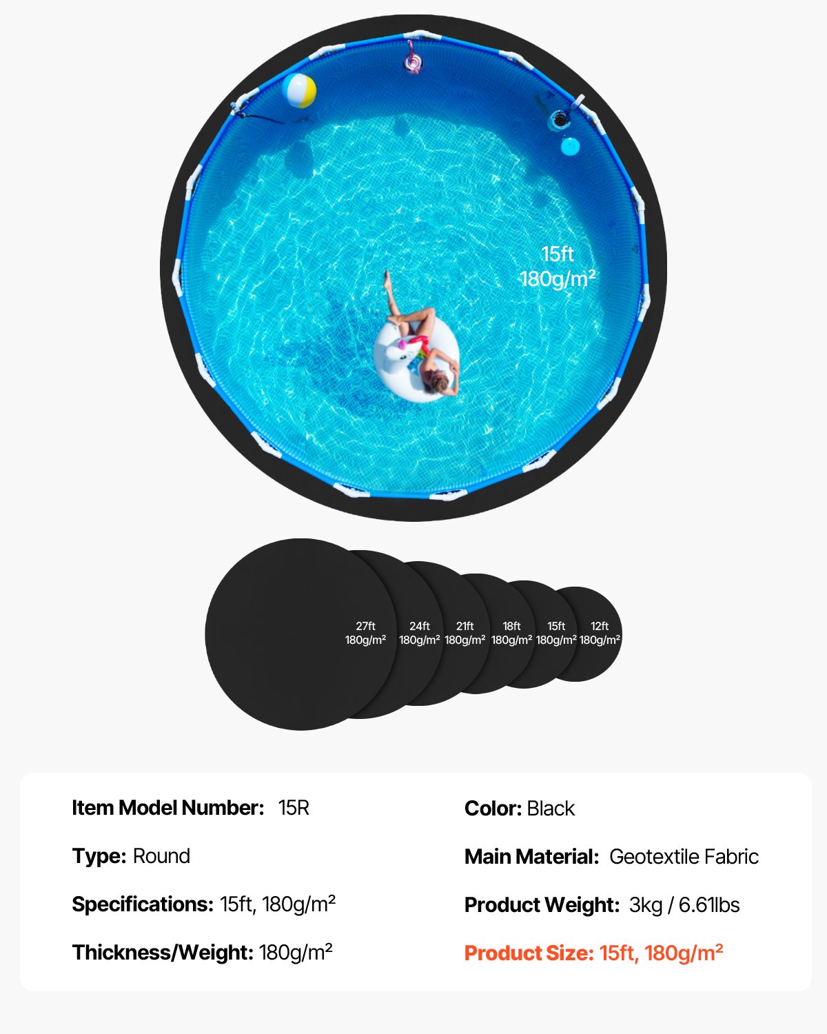 VEVOR Pool Liner Pad for Round Above Ground Pool Ø 4.57 m, Extra Thick Pool Cushion, Puncture Protection, Recycled Geotextile Base, Extends Liner Lifespan