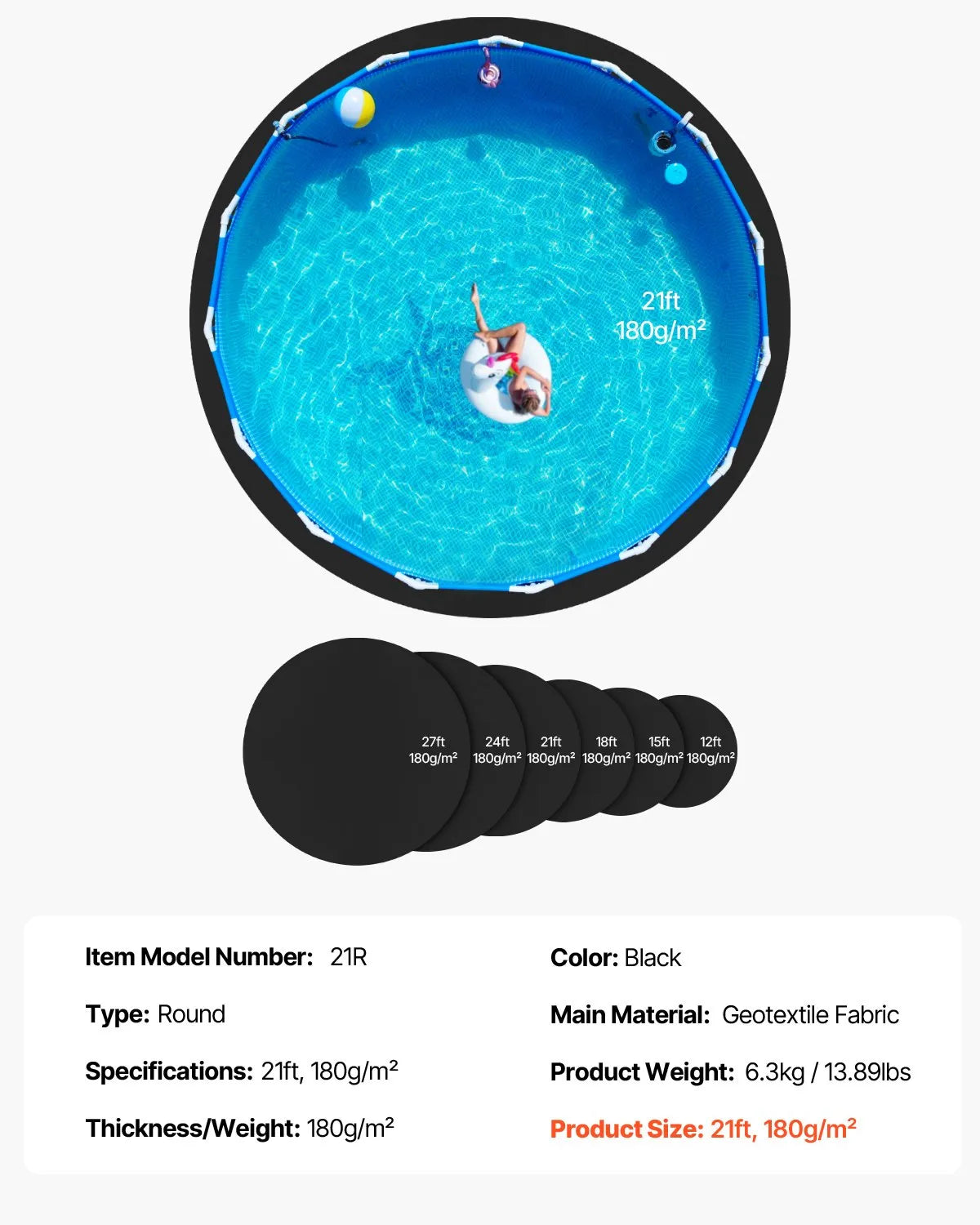 VEVOR Pool Liner Pad for Round Above Ground Pool Ø 6.40 m, Extra Thick Pool Underlay, Puncture Protection, Recycled Geotextile Base Material, Extends Liner Lifespan