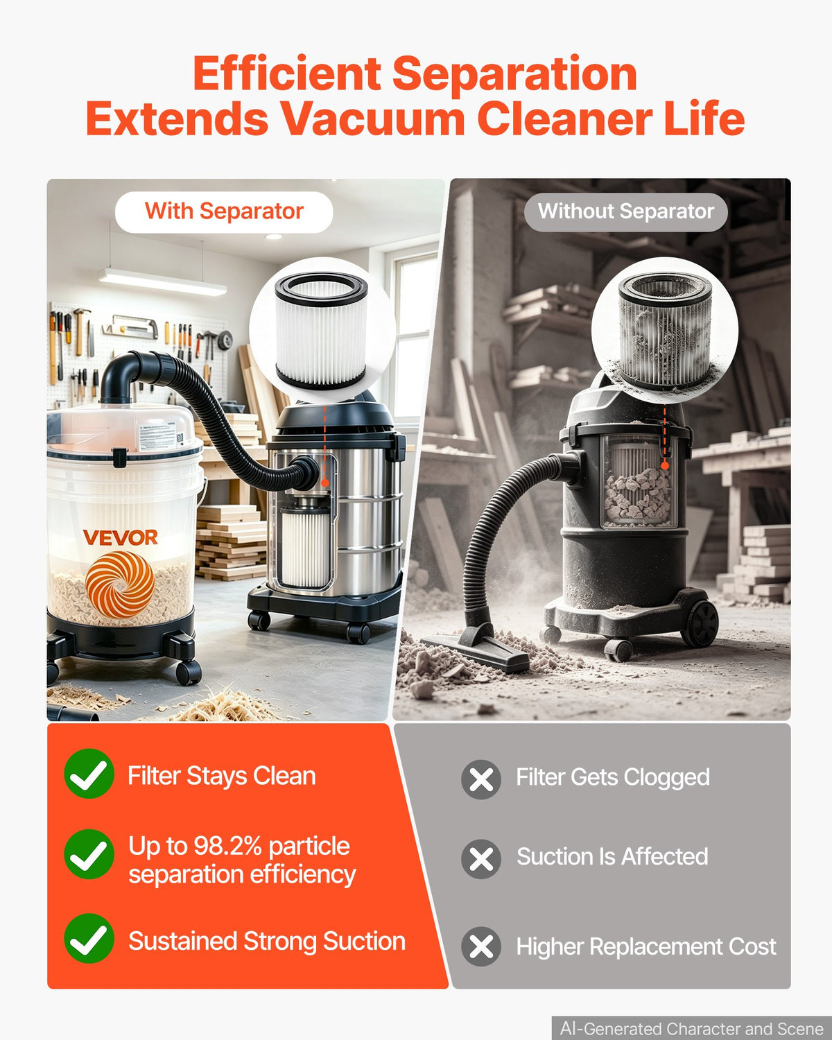 VEVOR ciklona putekļu separators ar 19 l tvertni, 50,8–63,5 mm savienojumi, 90 cm šļūtene, leņķa adapteris un pārvietojami riteņi