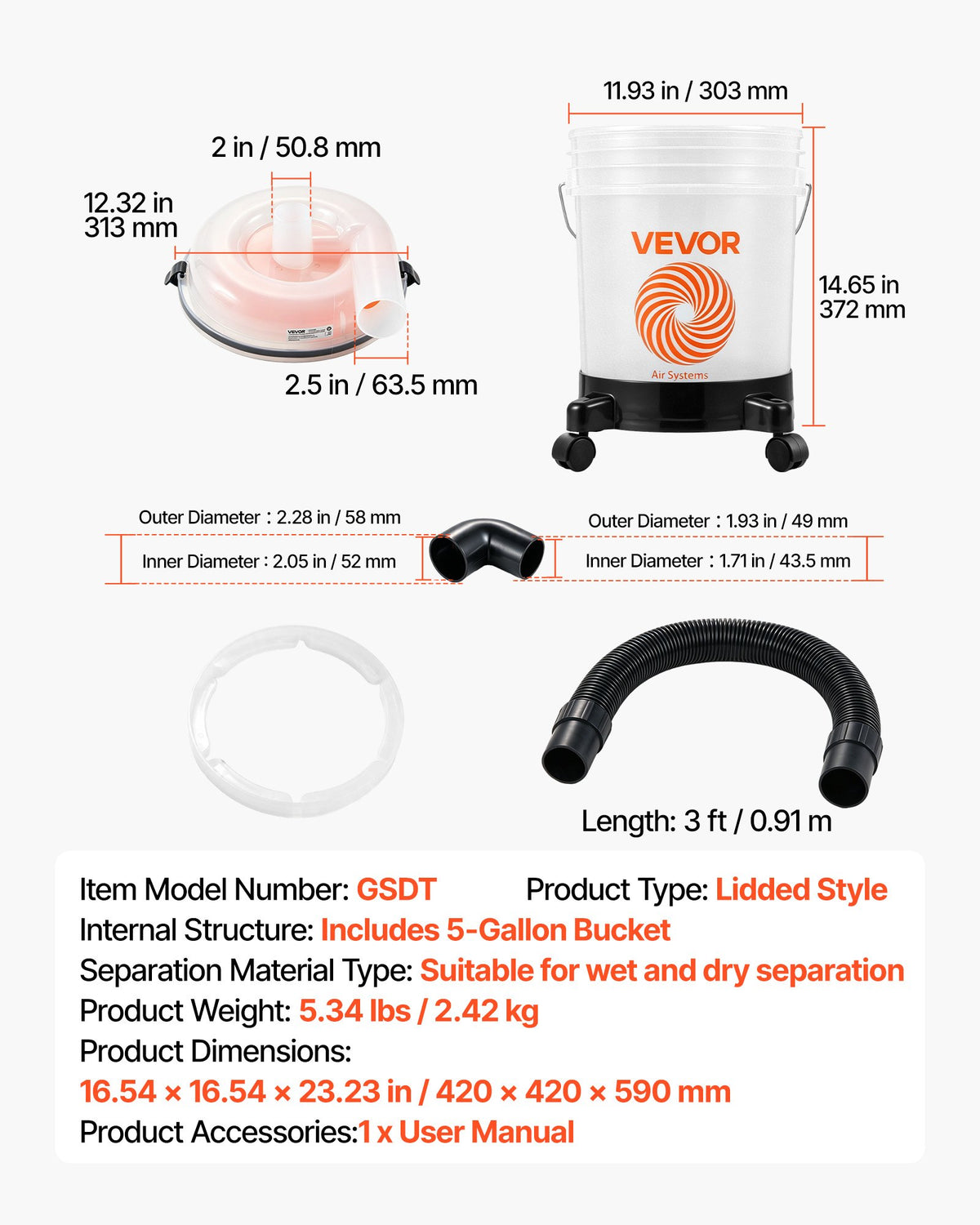 VEVOR ciklona putekļu separators ar 19 l tvertni, 50,8–63,5 mm savienojumi, 90 cm šļūtene, leņķa adapteris un pārvietojami riteņi