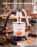 VEVOR ciklona putekļu separators ar 19 l tvertni, 50,8 mm pieslēgums, 90 cm PU šļūtene, leņķa adapteris un riteņi, caurspīdīgs PP