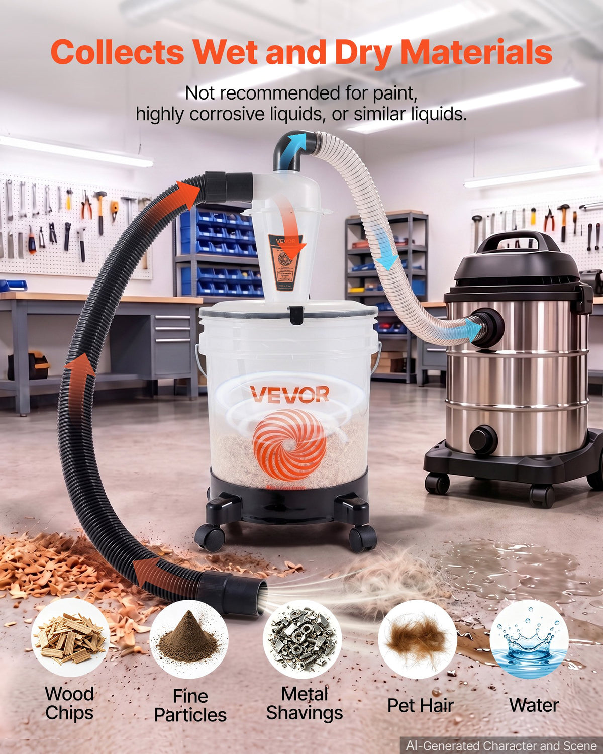 VEVOR ciklona putekļu separators ar 19 l tvertni, 50,8 mm pieslēgums, 90 cm PU šļūtene, leņķa adapteris un riteņi, caurspīdīgs PP