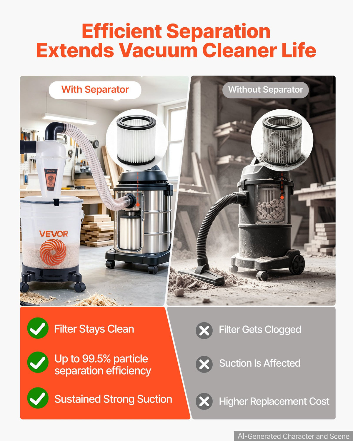 VEVOR ciklona putekļu separators ar 19 l tvertni, 50,8 mm pieslēgums, 90 cm PU šļūtene, leņķa adapteris un riteņi, caurspīdīgs PP