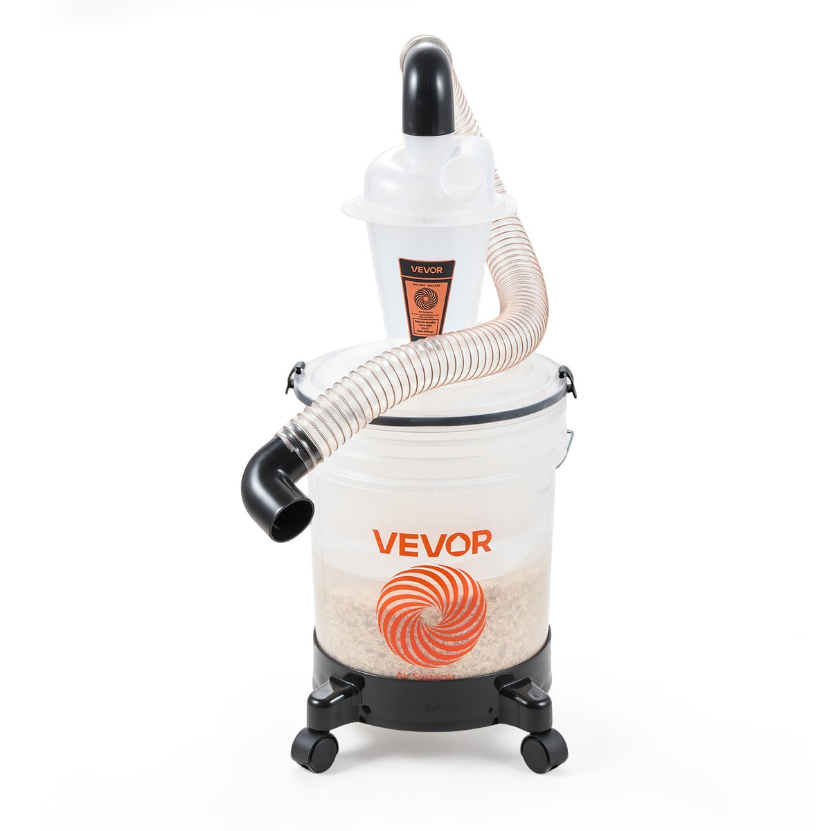 VEVOR ciklona putekļu separators ar 19 l tvertni, 50,8 mm pieslēgums, 90 cm PU šļūtene, leņķa adapteris un riteņi, caurspīdīgs PP