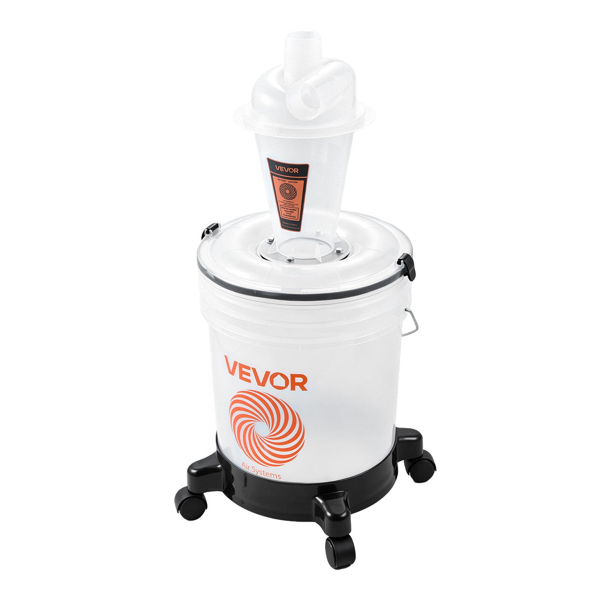 VEVOR ciklona putekļu separators ar 19 l tvertni, 50,8 mm pieslēgums, 90 cm PU šļūtene, leņķa adapteris un riteņi, caurspīdīgs PP