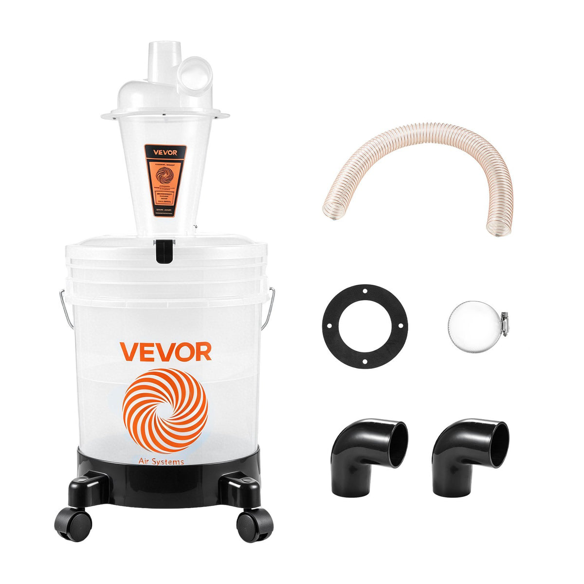 VEVOR ciklona putekļu separators ar 19 l tvertni, 50,8 mm pieslēgums, 90 cm PU šļūtene, leņķa adapteris un riteņi, caurspīdīgs PP