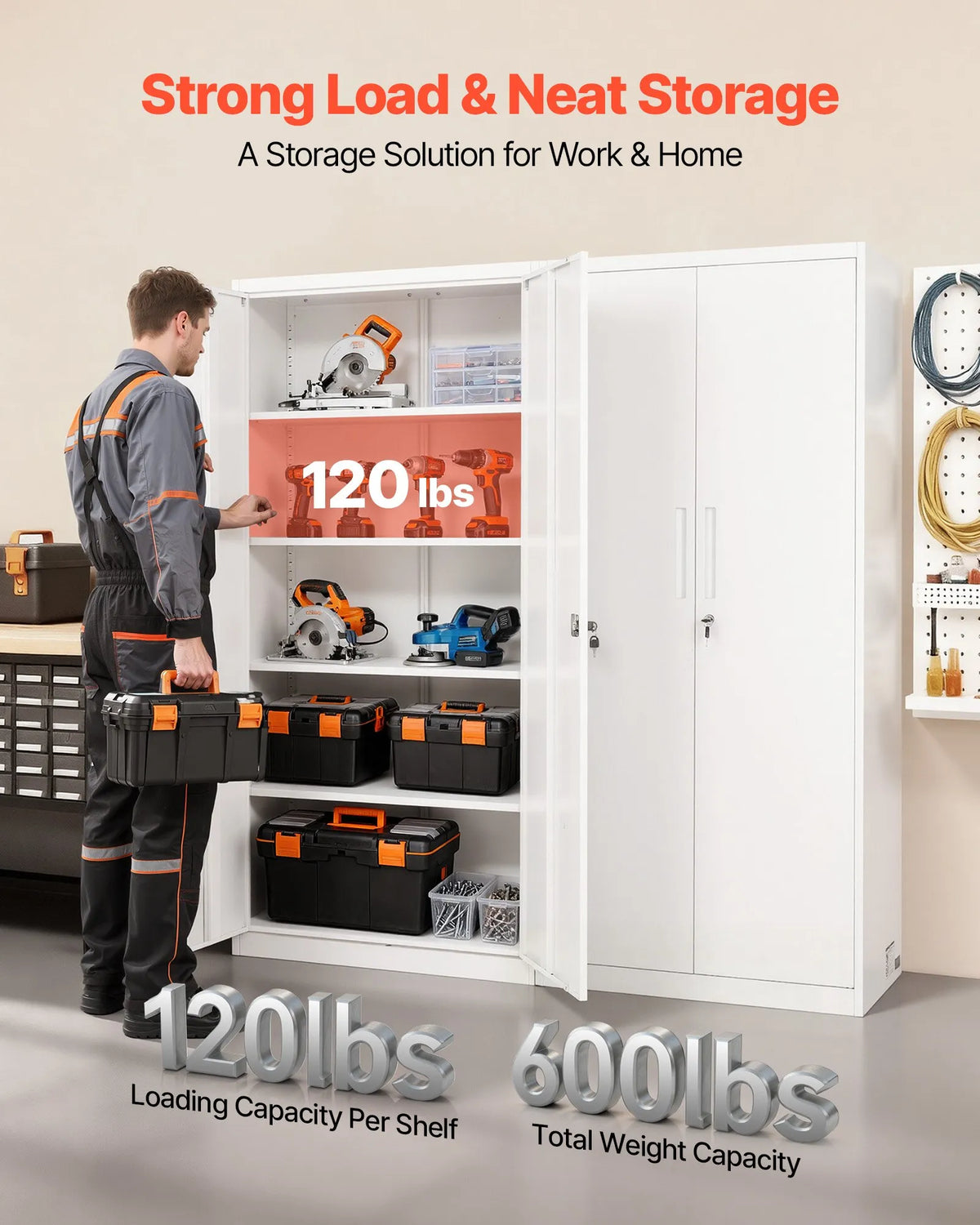VEVORi metallist hoiukapp 800 × 400 × 1750 mm, lukustatav terasest kapp 5 tasandiga, 4 reguleeritava riiuliga, 2 magnetukse ja 2 võtmega, garaažile, laoruumile, keldrile, pesuruumile ja kontorile, valge.