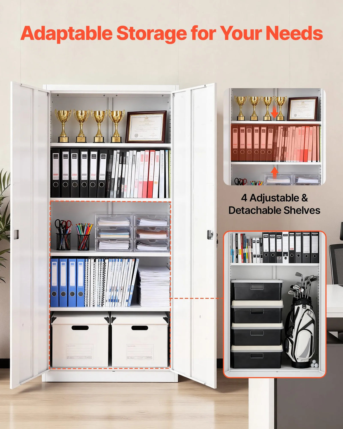 VEVORi metallist hoiukapp 800 × 400 × 1750 mm, lukustatav terasest kapp 5 tasandiga, 4 reguleeritava riiuliga, 2 magnetukse ja 2 võtmega, garaažile, laoruumile, keldrile, pesuruumile ja kontorile, valge.