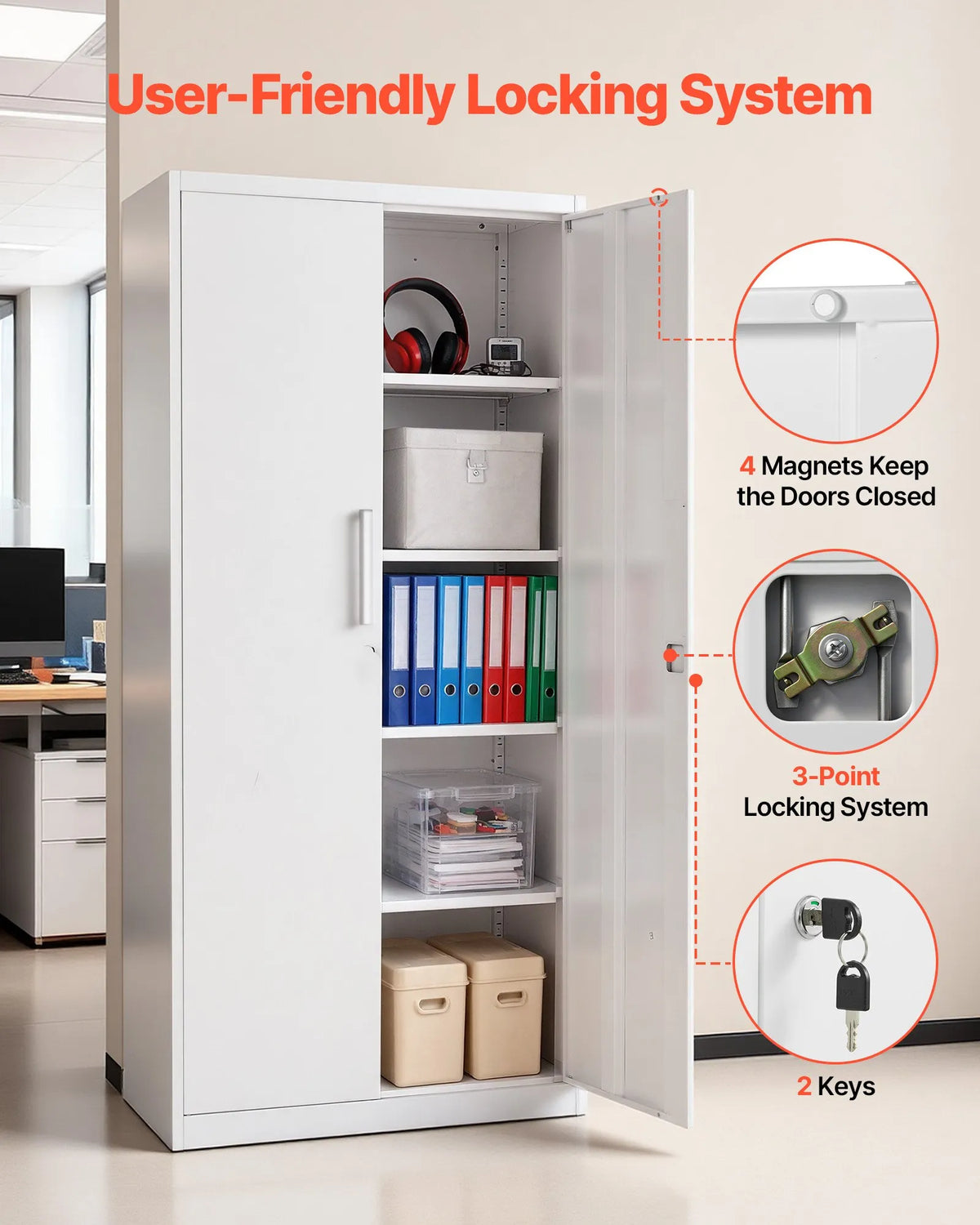 VEVORi metallist hoiukapp 800 × 400 × 1750 mm, lukustatav terasest kapp 5 tasandiga, 4 reguleeritava riiuliga, 2 magnetukse ja 2 võtmega, garaažile, laoruumile, keldrile, pesuruumile ja kontorile, valge.