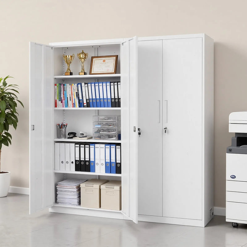 VEVOR metāla uzglabāšanas skapis 800 × 400 × 1750 mm, slēdzams tērauda skapis ar 5 līmeņiem, 4 regulējamiem plauktiem, 2 magnētiskām durvīm un 2 atslēgām, garāžai, noliktavai, pagrabam, veļas telpai un birojam, balts.
