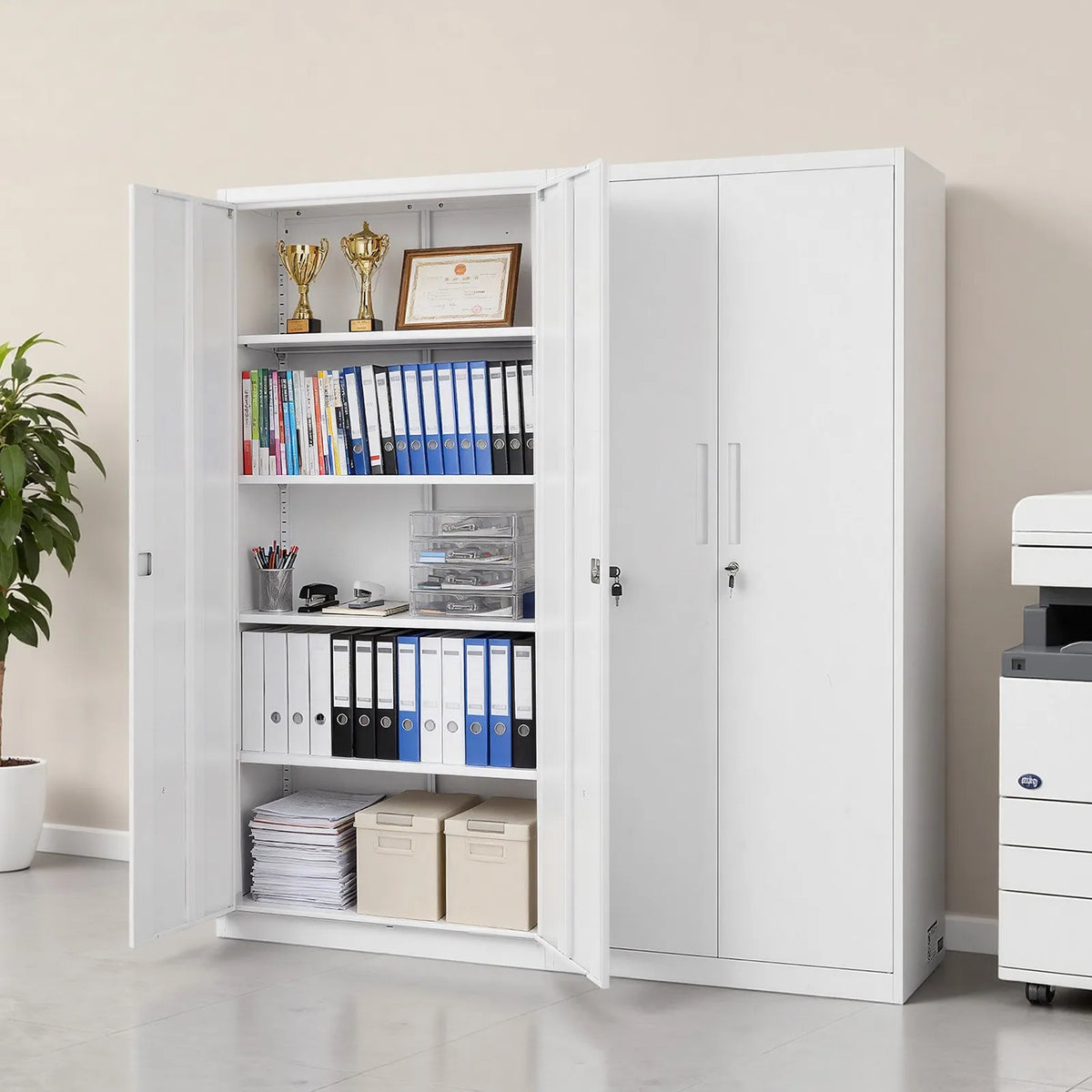 VEVORi metallist hoiukapp 800 × 400 × 1750 mm, lukustatav terasest kapp 5 tasandiga, 4 reguleeritava riiuliga, 2 magnetukse ja 2 võtmega, garaažile, laoruumile, keldrile, pesuruumile ja kontorile, valge.