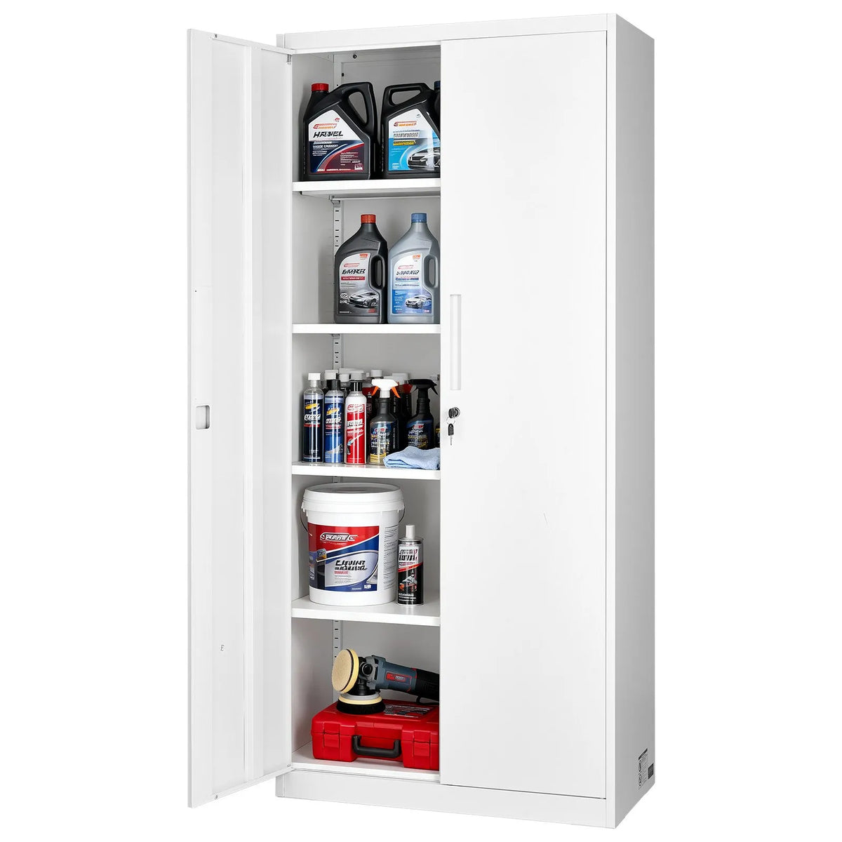VEVORi metallist hoiukapp 800 × 400 × 1750 mm, lukustatav terasest kapp 5 tasandiga, 4 reguleeritava riiuliga, 2 magnetukse ja 2 võtmega, garaažile, laoruumile, keldrile, pesuruumile ja kontorile, valge.