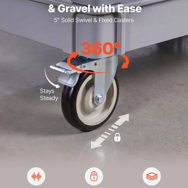 VEVOR 2 līmeņu plastmasas ratiņi ar uzglabāšanas paplātēm, kravnesība 250 kg, 360° grozāmiem un fiksētiem riteņiem, 2 riteņiem ar bremzēm, garāžām, noliktavām un darbnīcām, pelēki