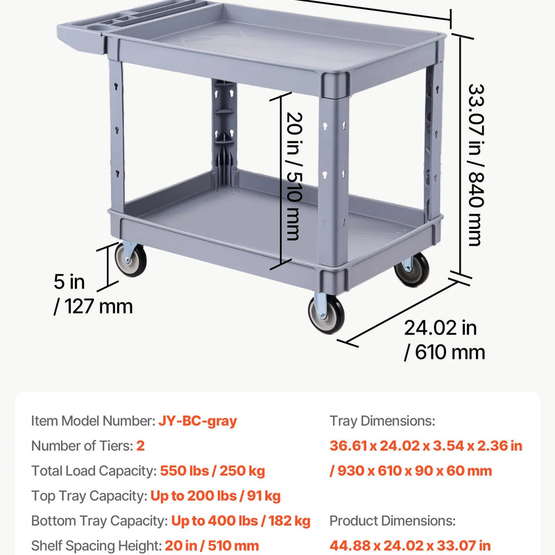 VEVOR 2 līmeņu plastmasas ratiņi ar uzglabāšanas paplātēm, kravnesība 250 kg, 360° grozāmiem un fiksētiem riteņiem, 2 riteņiem ar bremzēm, garāžām, noliktavām un darbnīcām, pelēki